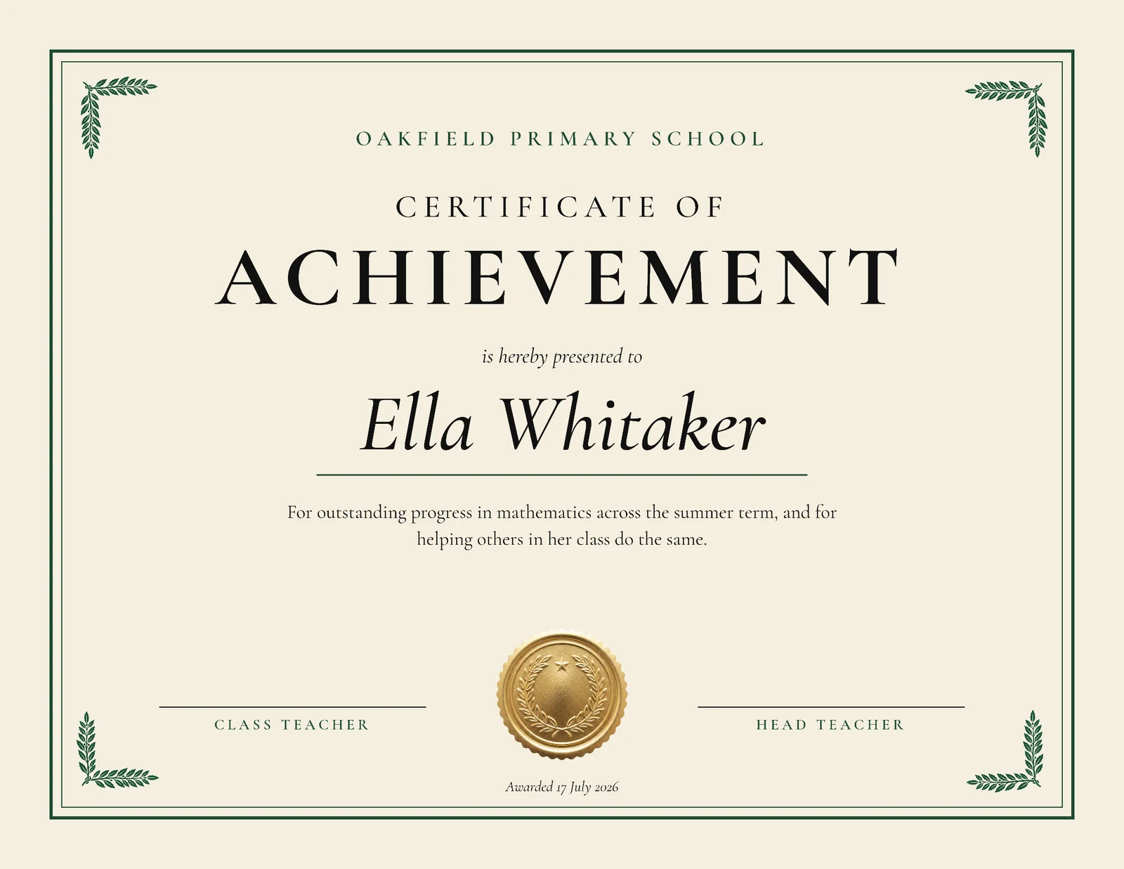 Classic School Achievement Certificate — Letter landscape Certificate template