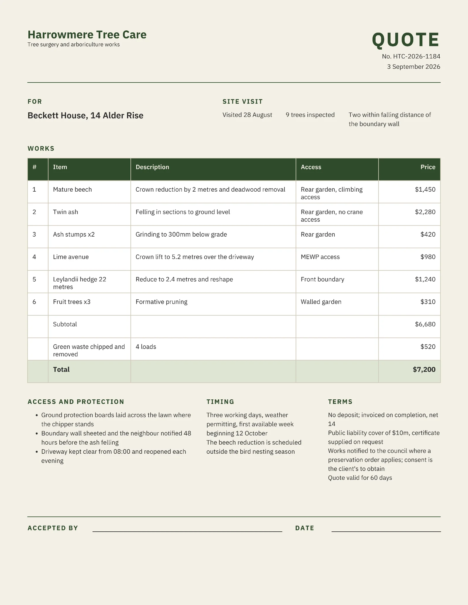 Moss Cream Itemised Tree Surgery Works Quote — 2-page Quote template, page 1 of 2
