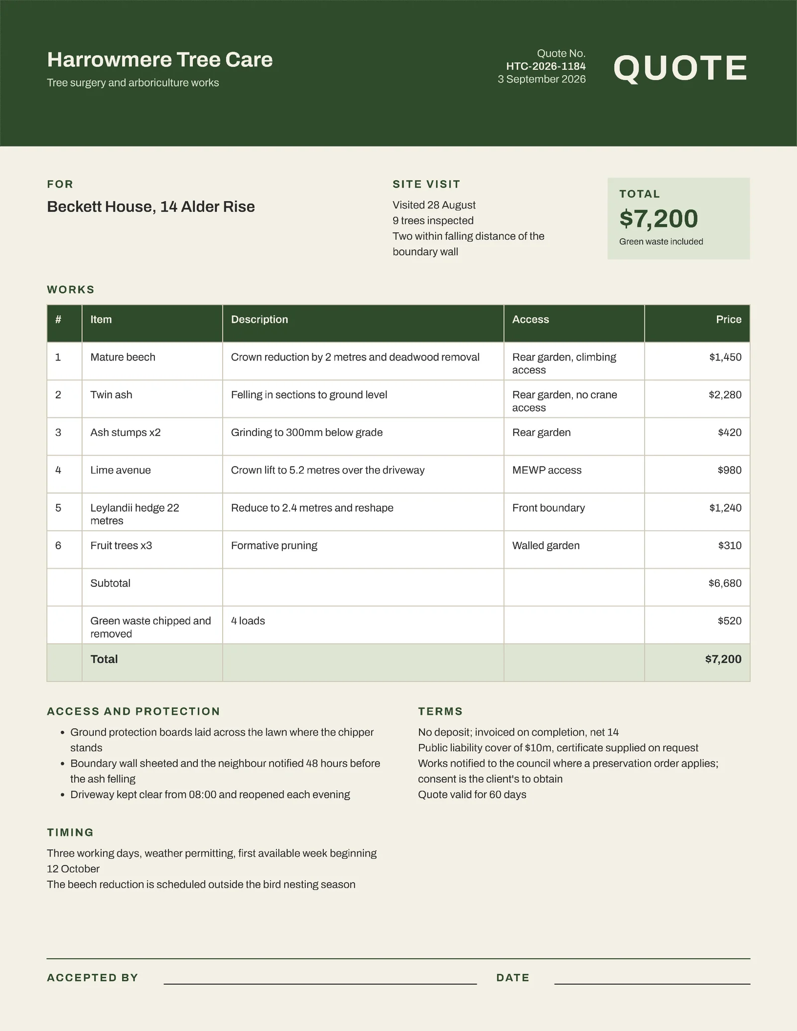 Moss Cream Itemised Tree Surgery Works Quote — 2-page Quote template, page 2 of 2