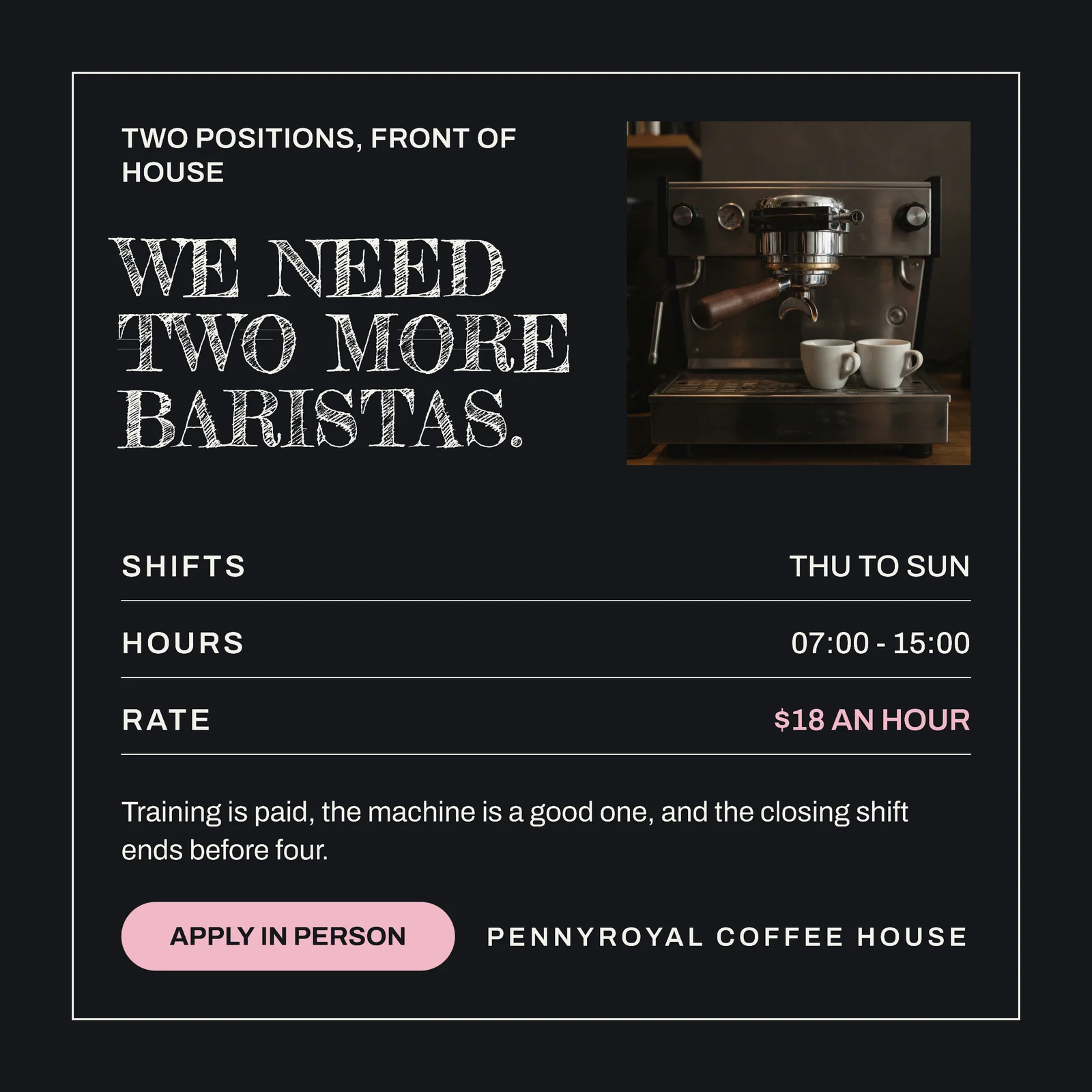 Slate Chalk Pink Board Coffee House Two Baristas Hiring Facebook Ad — 1:1 Facebook ad template