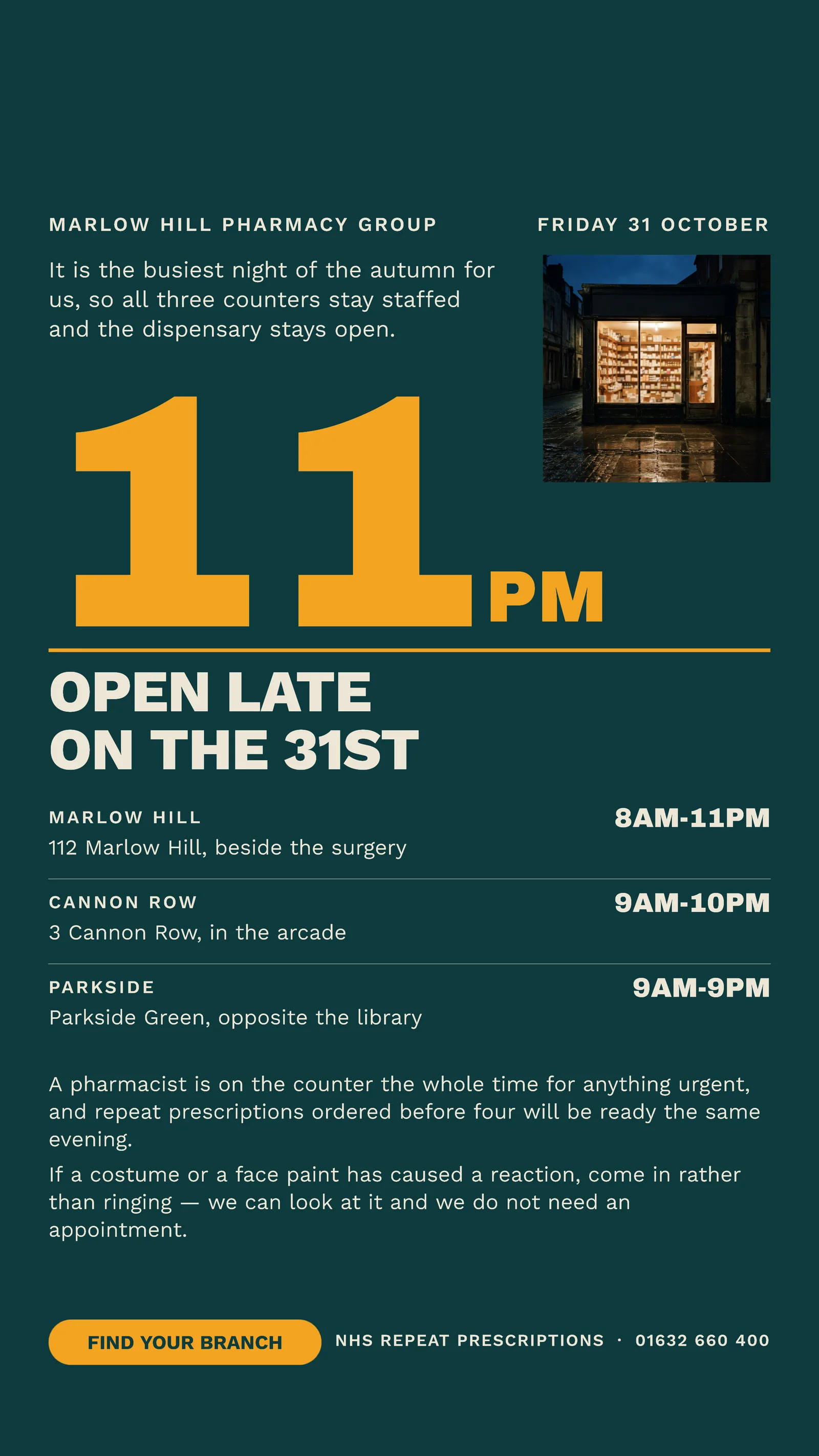 Teal Hour Numeral Late Pharmacy Open Late Facebook Story — 9:16 Facebook story template