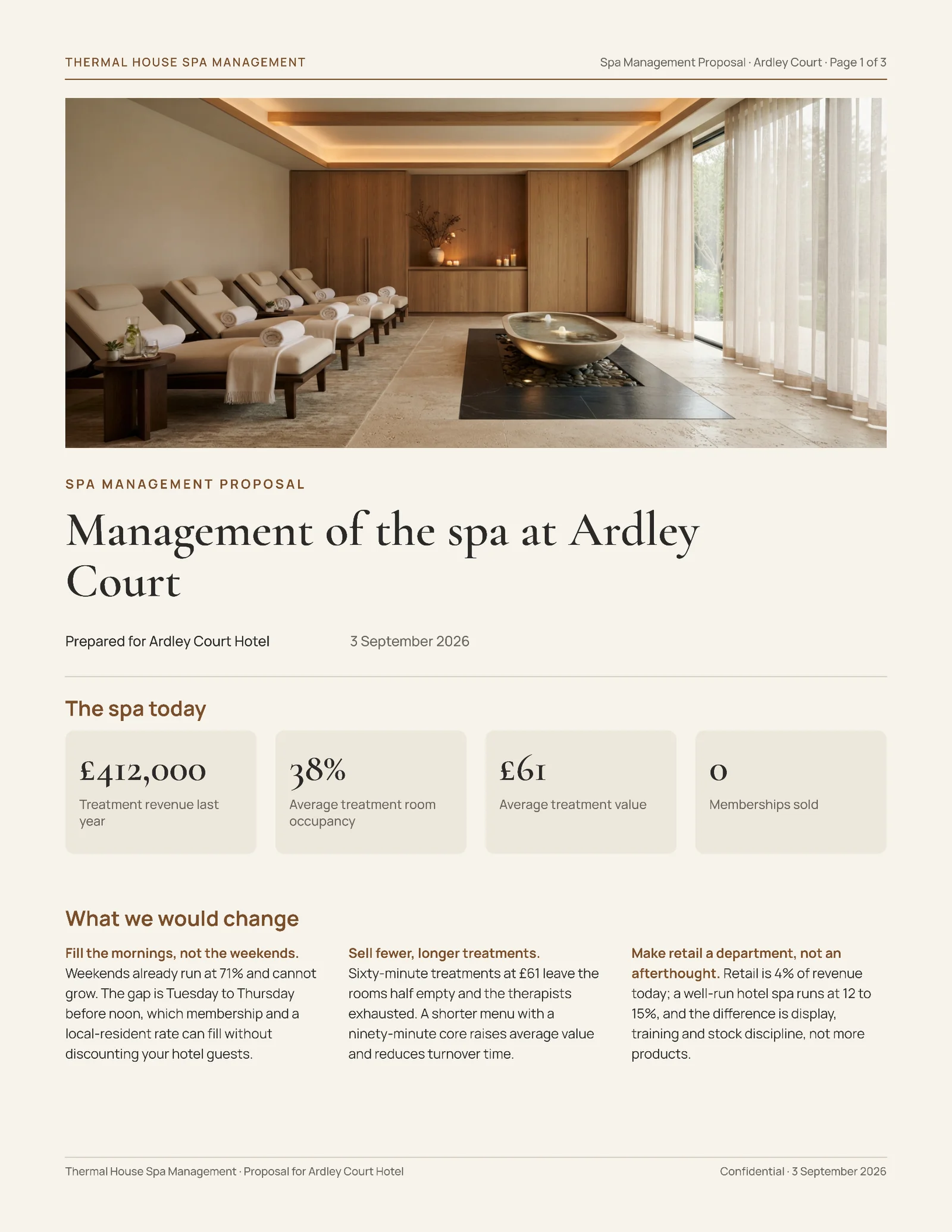 Bronze Ivory Management Terms Hotel Spa Outsourcing Proposal — 3-page Proposal template, page 1 of 3
