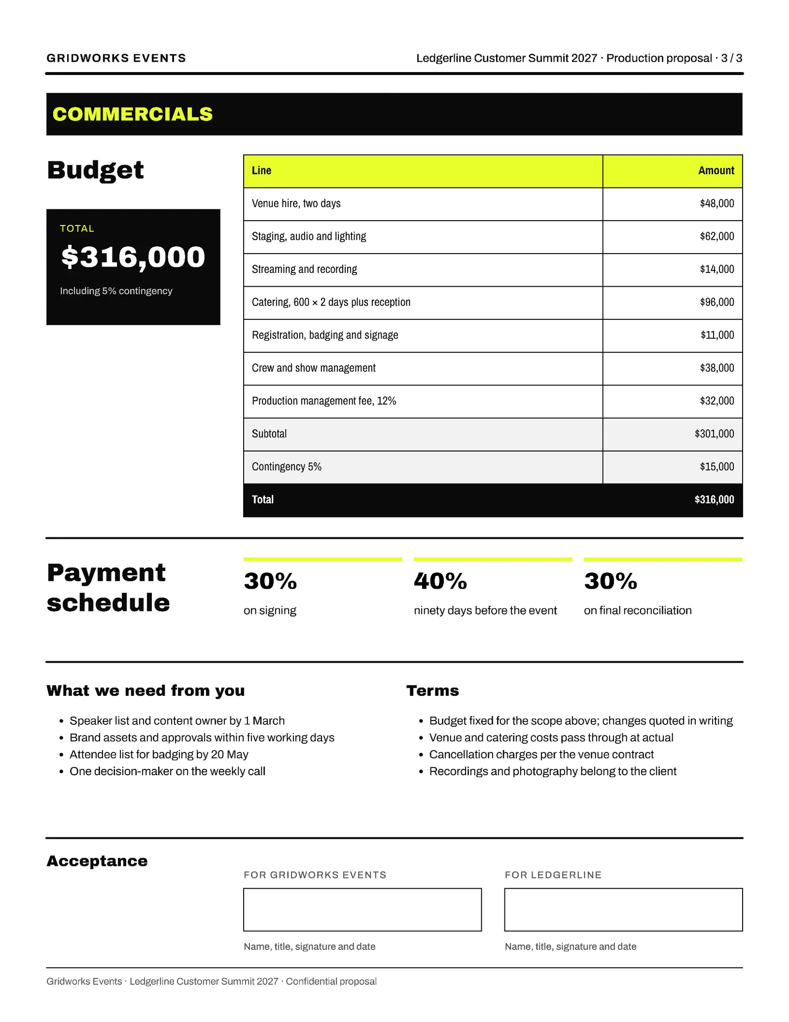 Bold Event Production Proposal — 3-page Proposal template, page 3 of 3