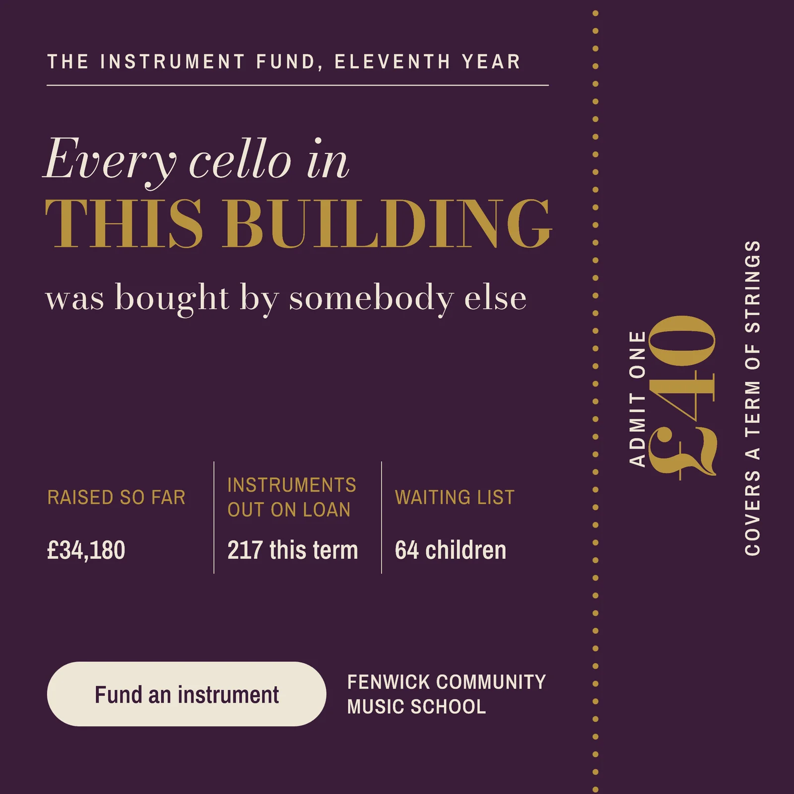 Plum Brass Ticket Stub Music School Fundraiser Facebook Ad — 1:1 Facebook ad template