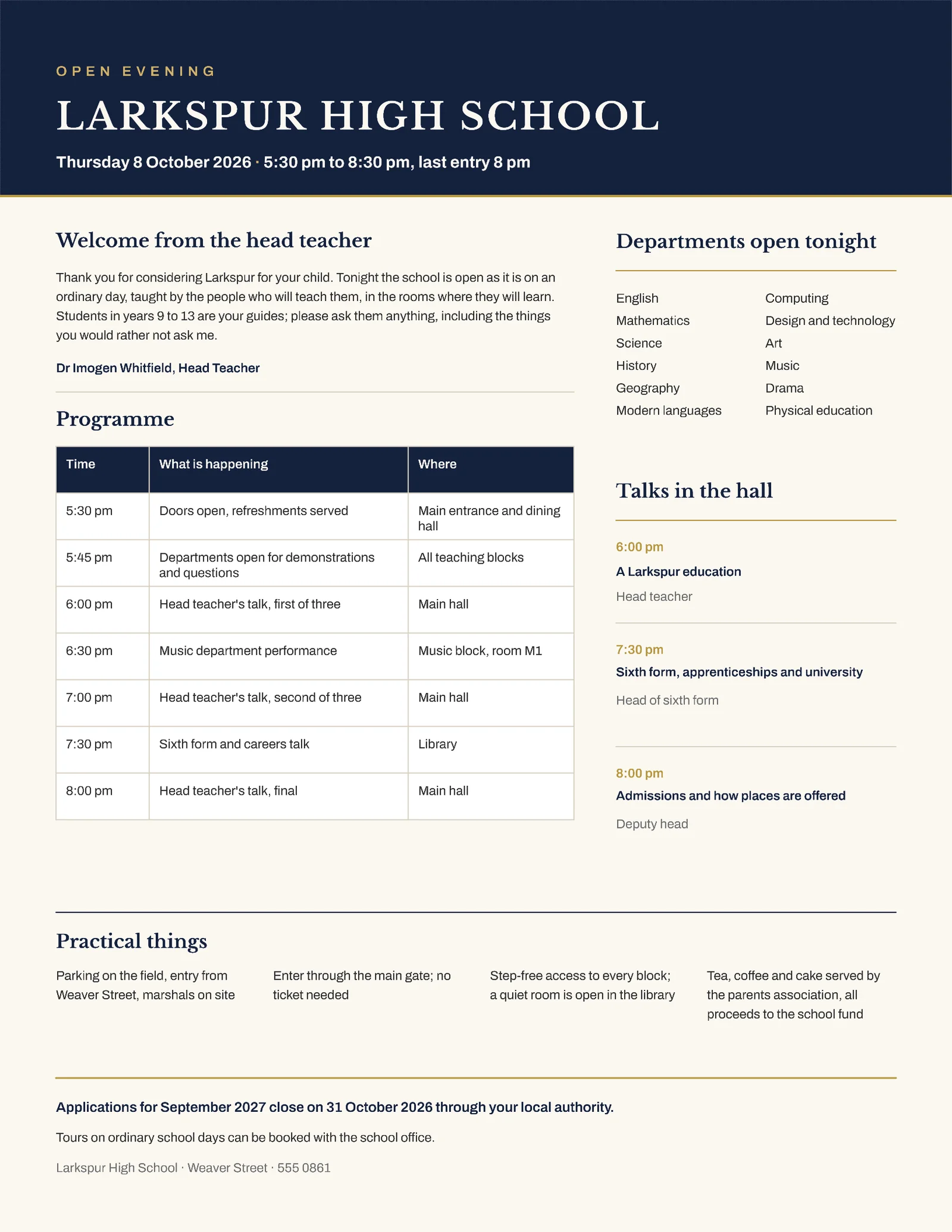 Navy Gold Open Evening Programme Secondary School One Pager — 2-page One pager template, page 2 of 2