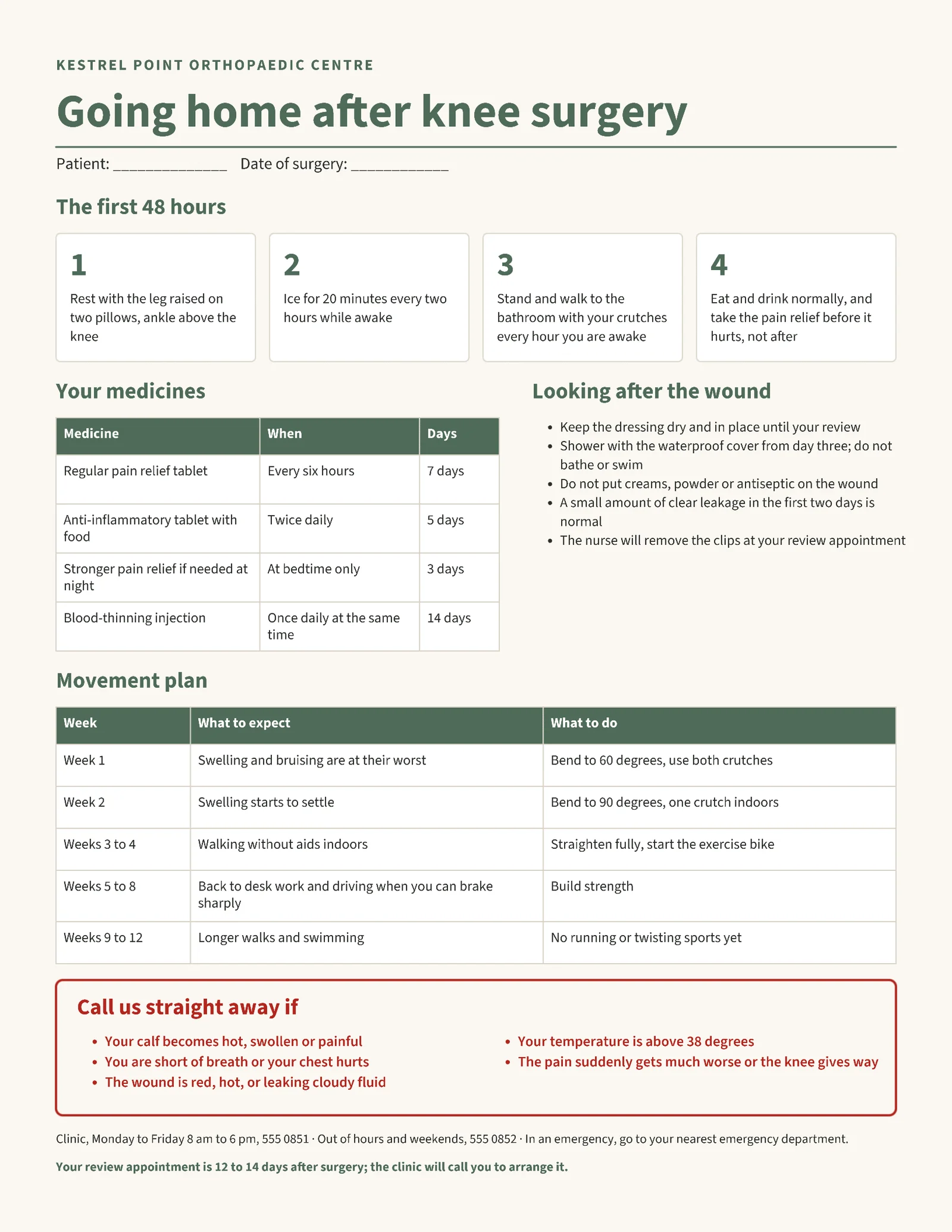 Sage Patient Instructions Knee Surgery Discharge One Pager — 2-page One pager template, page 1 of 2