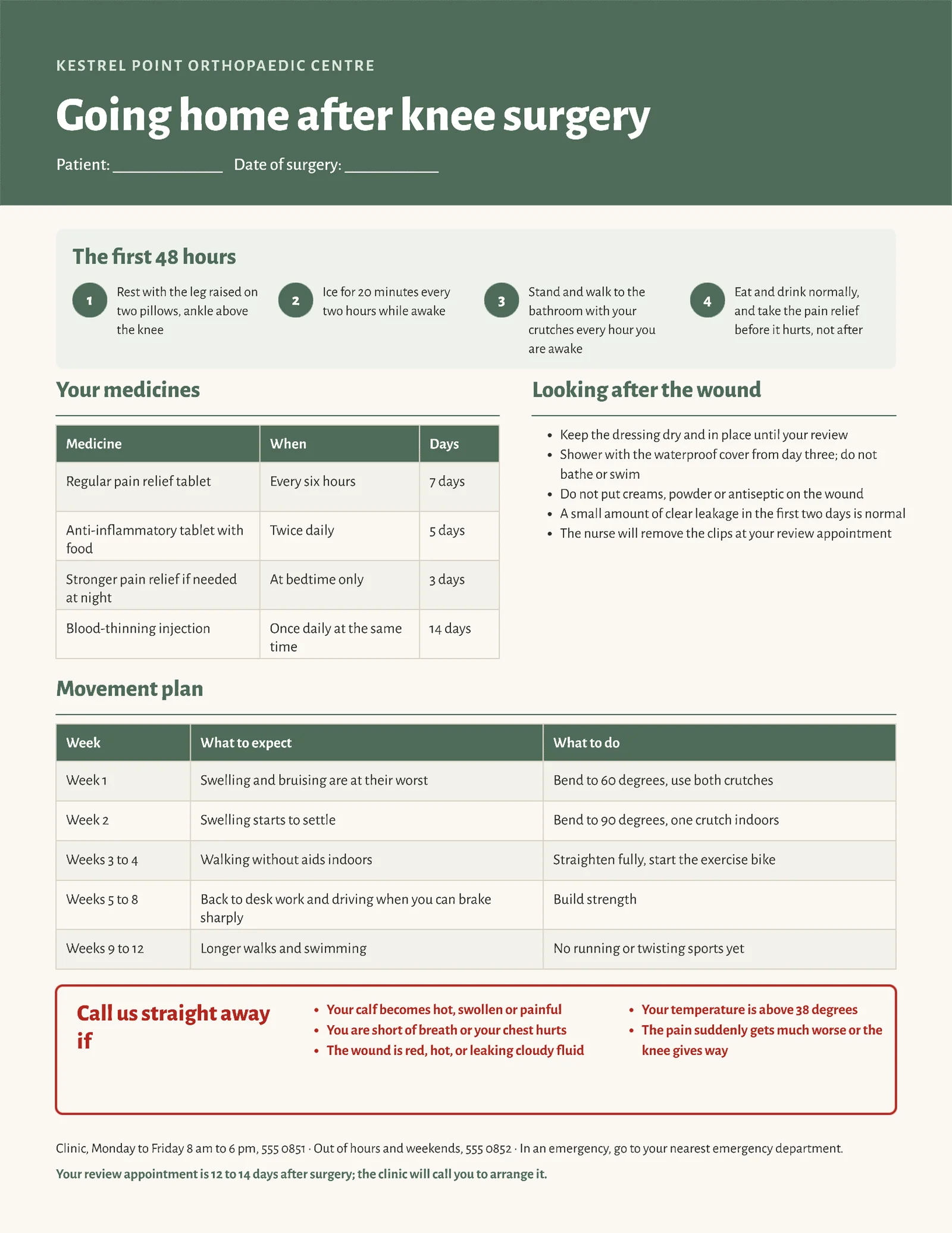 Sage Patient Instructions Knee Surgery Discharge One Pager — 2-page One pager template, page 2 of 2