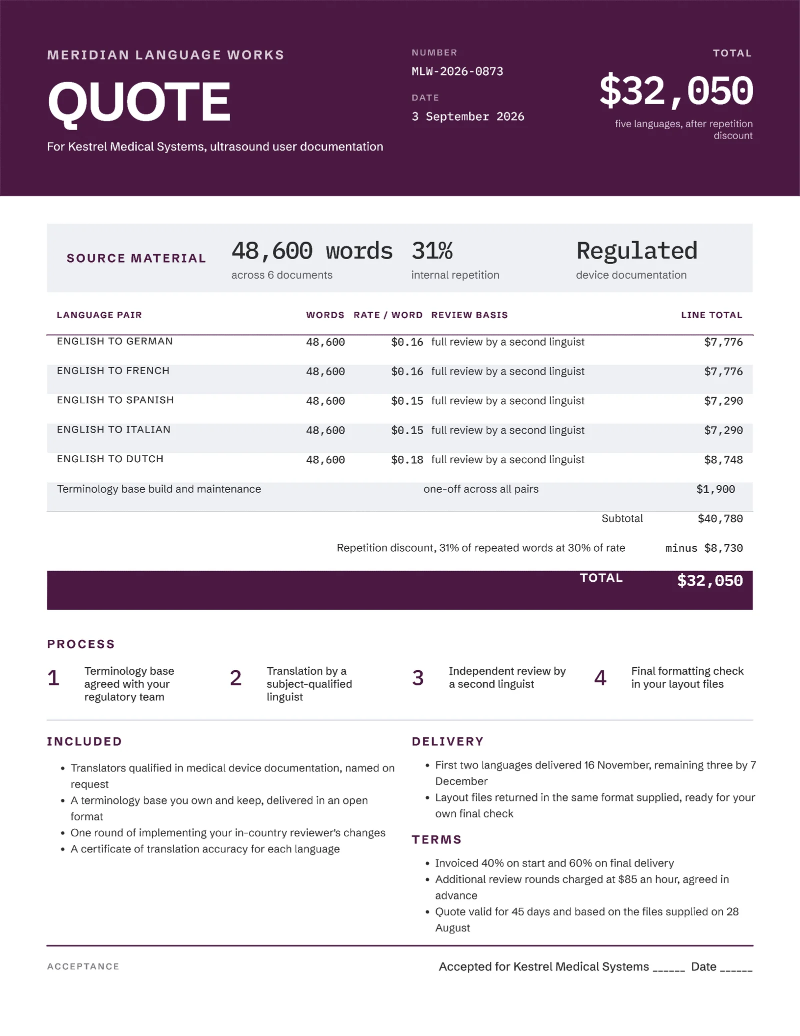 Plum Grey Translation Services Quote — 2-page Quote template, page 2 of 2