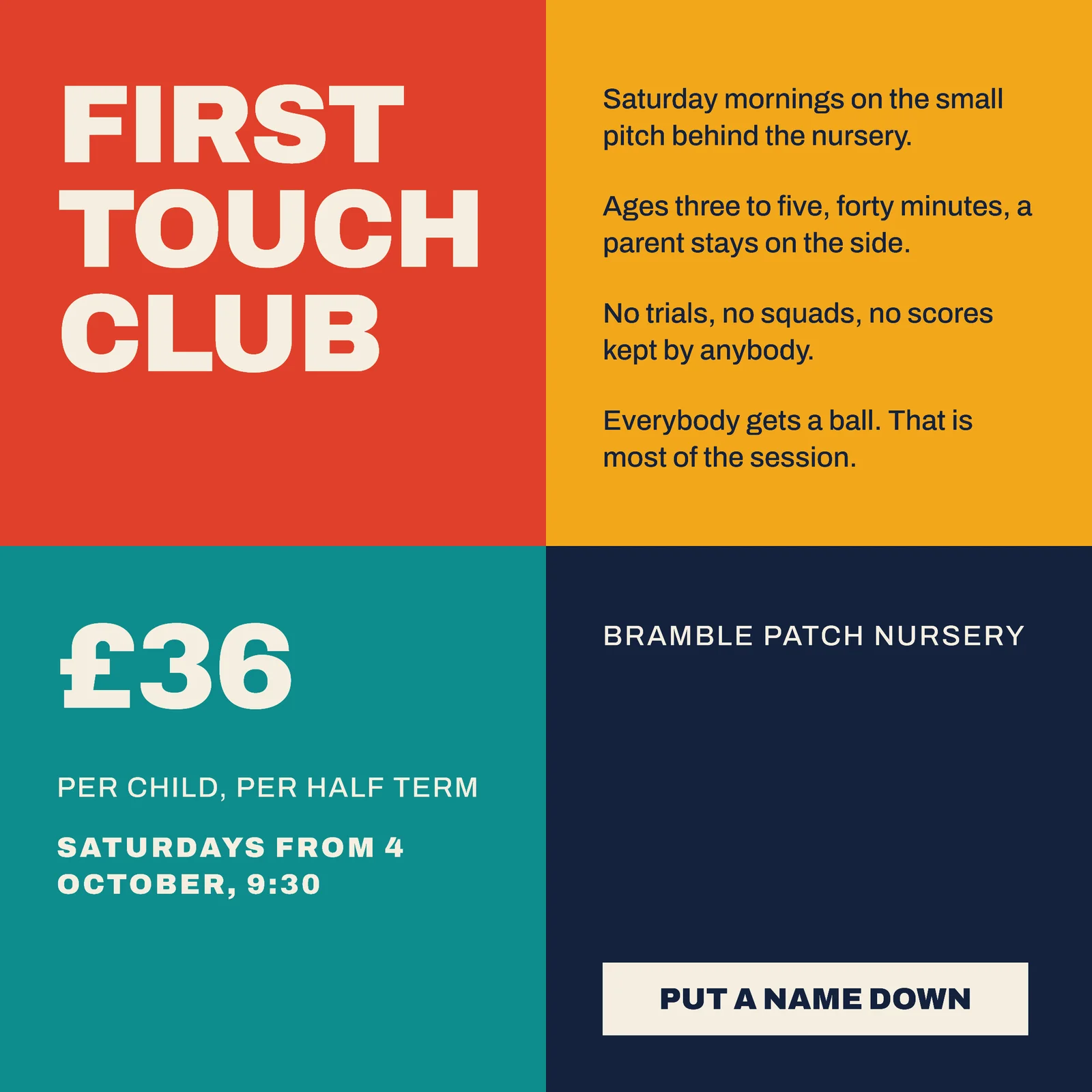 Four Quadrant Colour Block Nursery First Touch Club Facebook Ad — 1:1 Facebook ad template