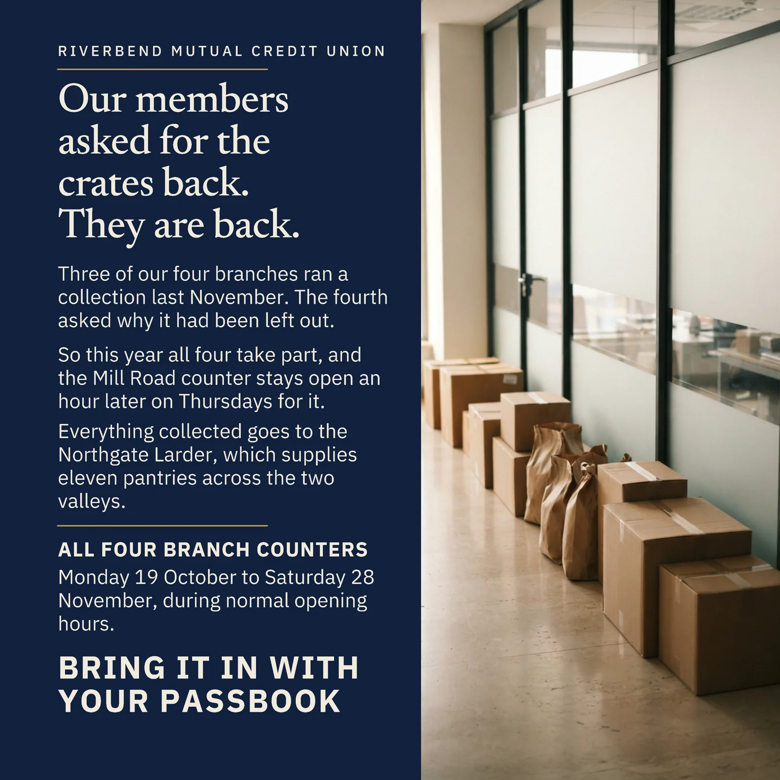 Navy Split Panel Credit Union Food Drive Facebook Ad — 1:1 Facebook ad template