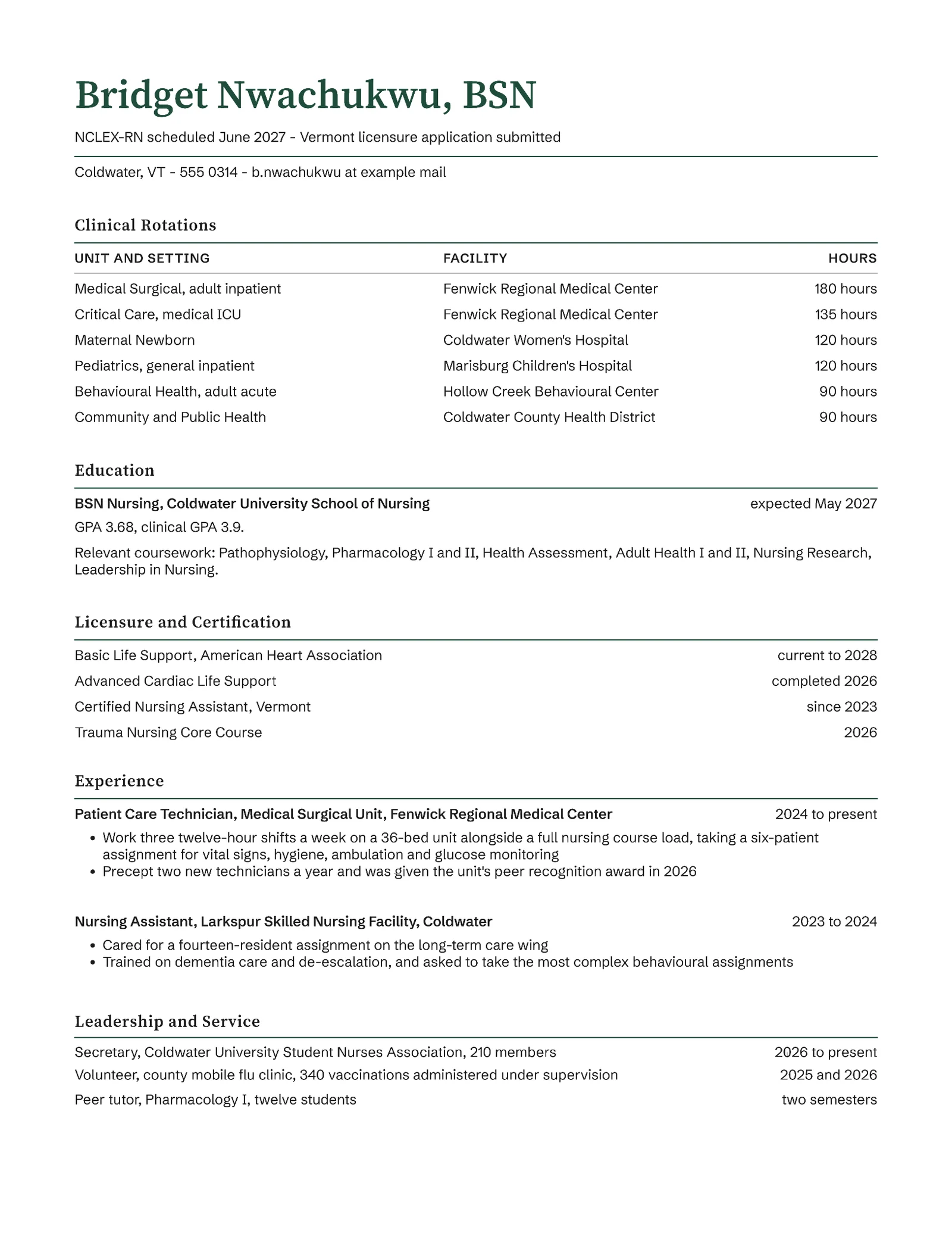 Nursing Student Resume — Letter Resume template