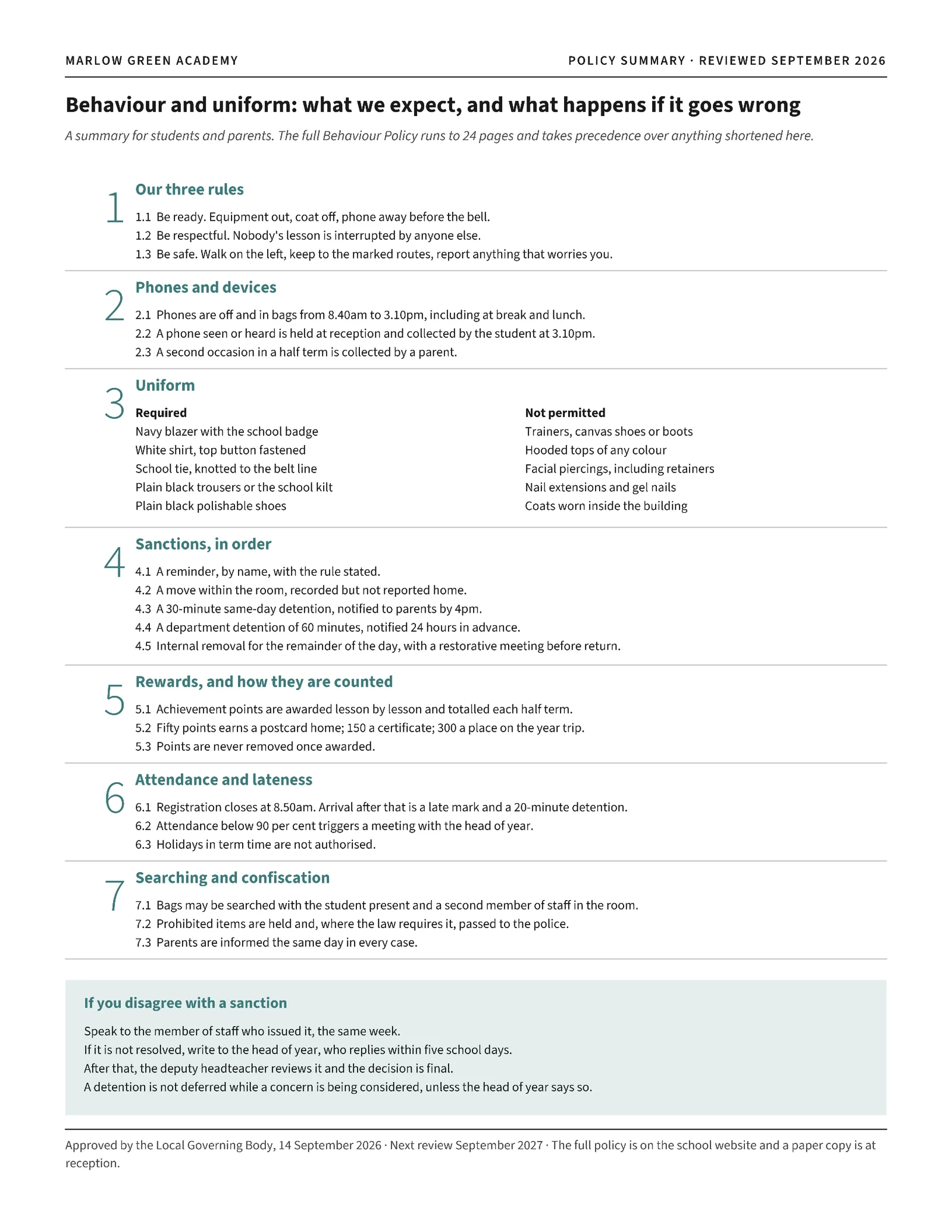 Ink Clause Outline Behaviour and Uniform Policy Summary One-Pager — Letter One pager template