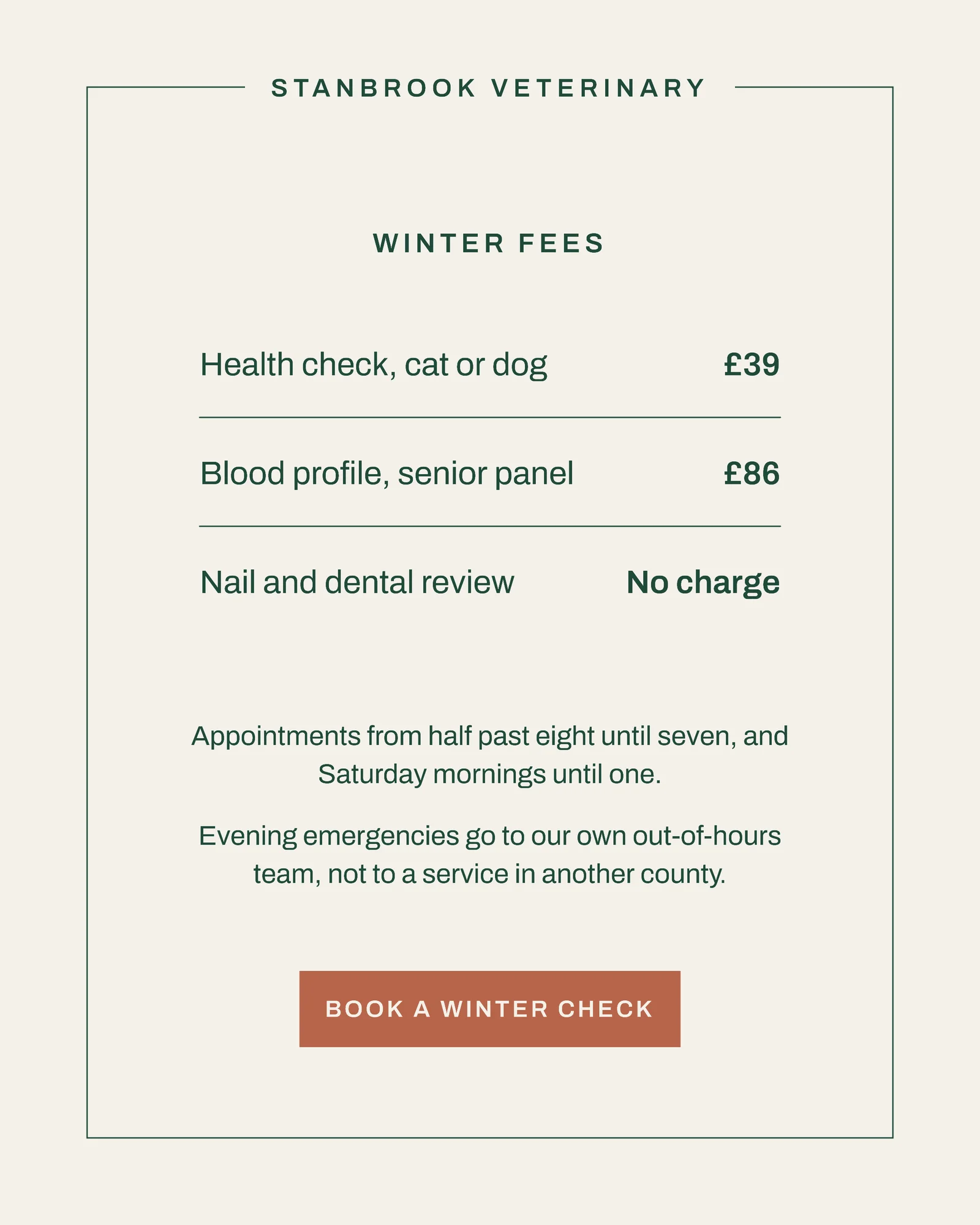 Offwhite Pine Outlined Box Veterinary Winter Check Facebook Carousel — 4-panel Facebook carousel carousel template, page 4 of 4