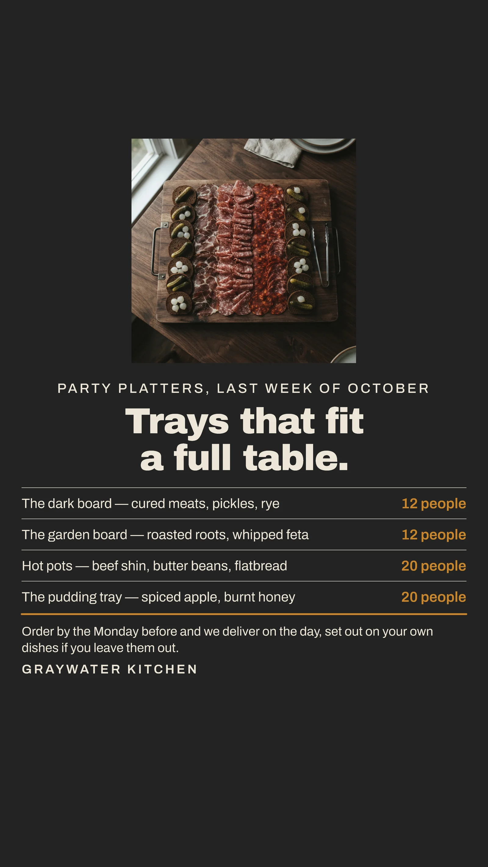 Charcoal Stacked Rows Catering Party Platters Instagram Story — 9:16 Instagram story template