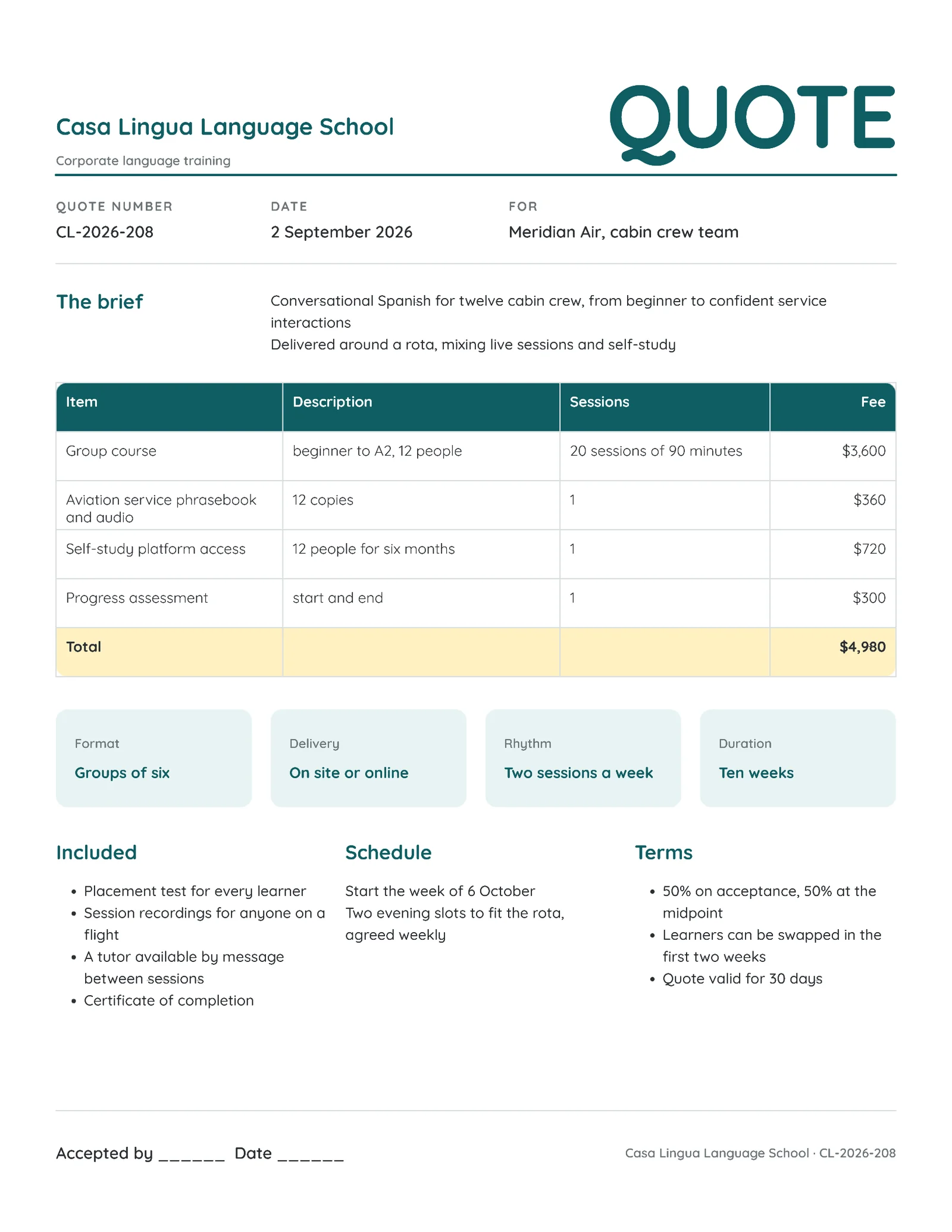 Friendly Corporate Language Training Quote — 2-page Quote template, page 1 of 2
