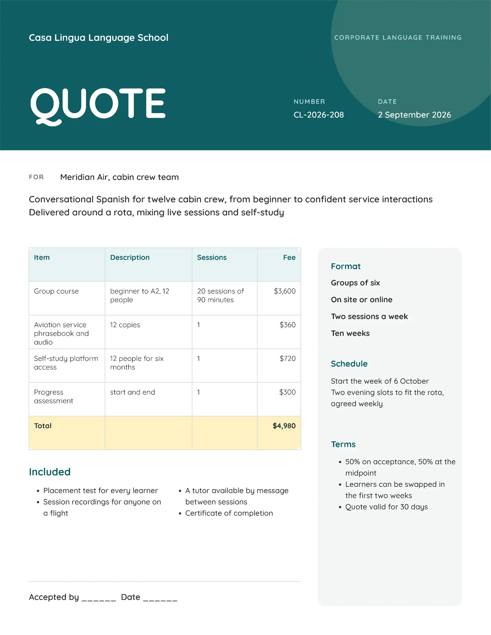 Friendly Corporate Language Training Quote — 2-page Quote template, page 2 of 2