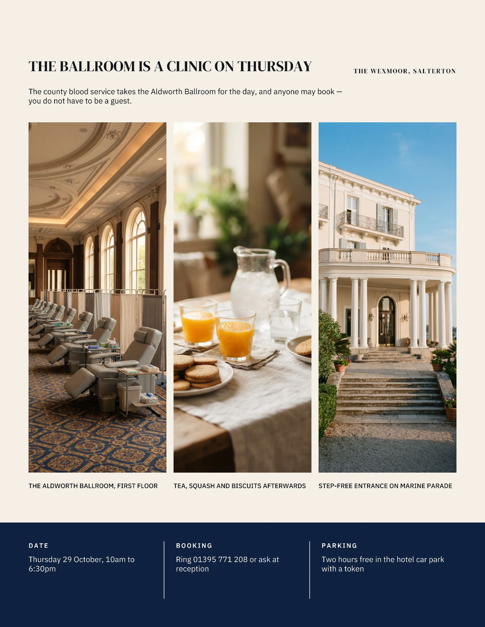 Ivory Navy Triple Aperture Hotel Ballroom Blood Clinic Flyer — Letter Flyer template