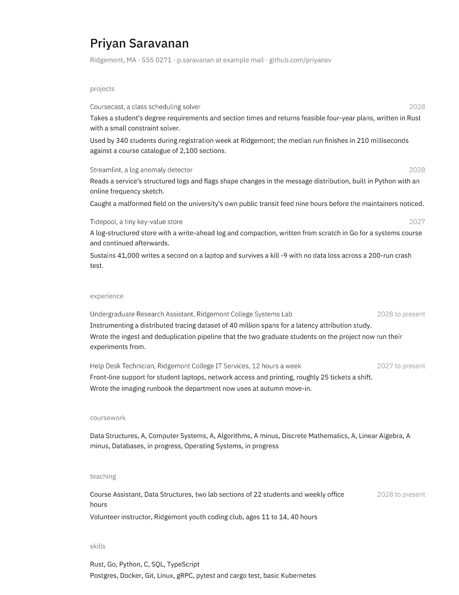 Computer Science Internship Resume — Letter Resume template