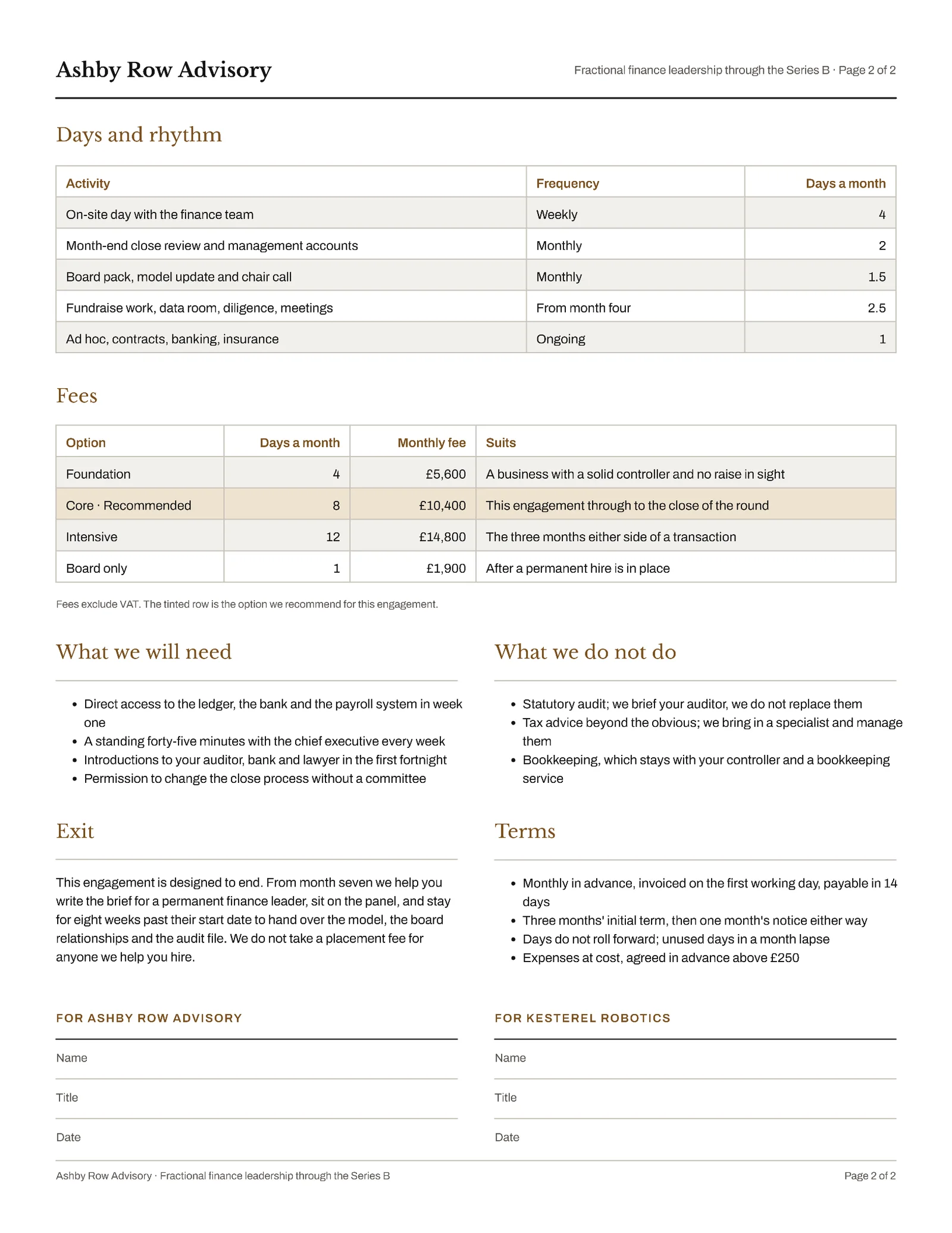 Ink Bronze Engagement Phases Fractional CFO Proposal — 2-page Proposal template, page 2 of 2