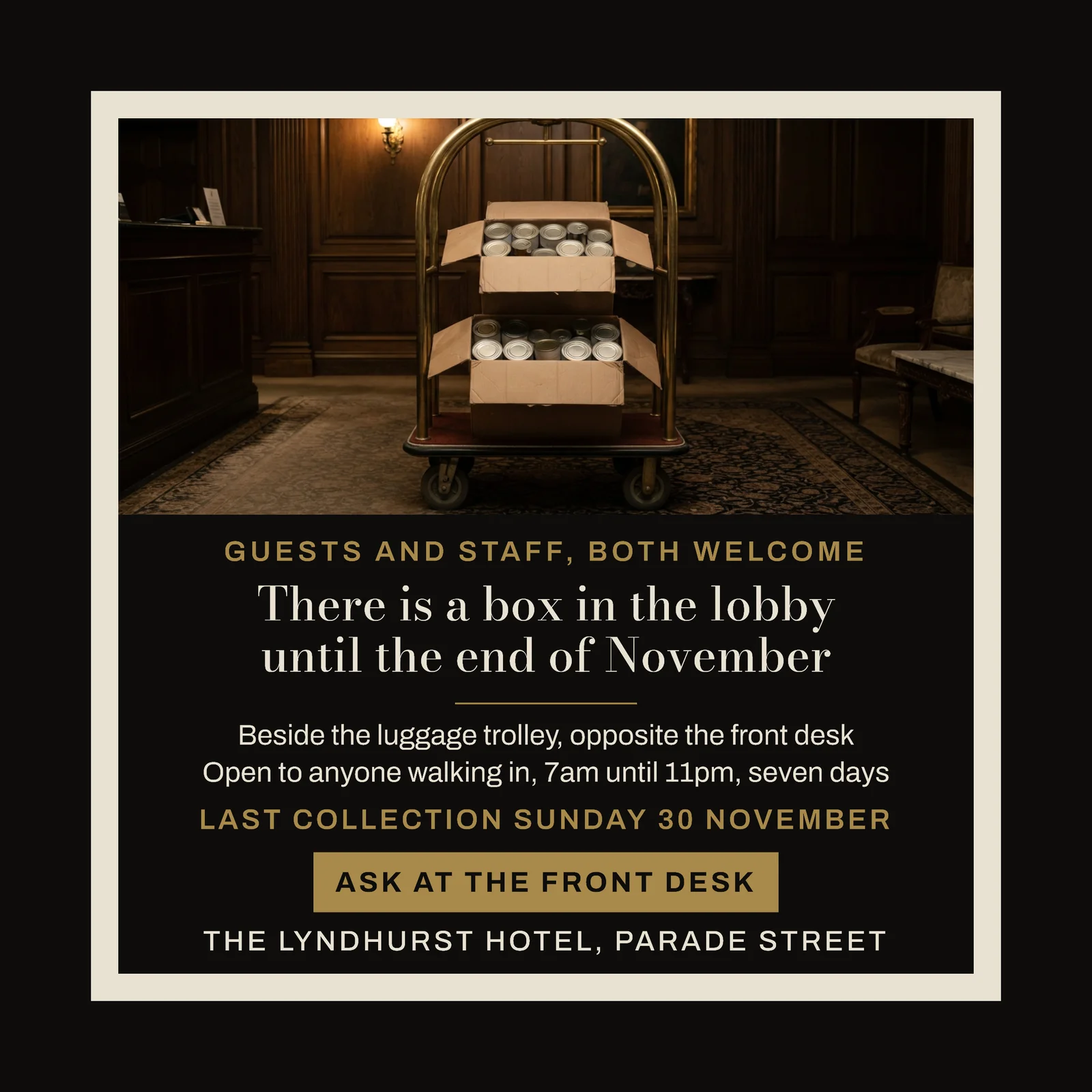 Near Black Brass Framed Window Hotel Lobby Box Food Drive Instagram Ad — 1:1 Instagram ad template