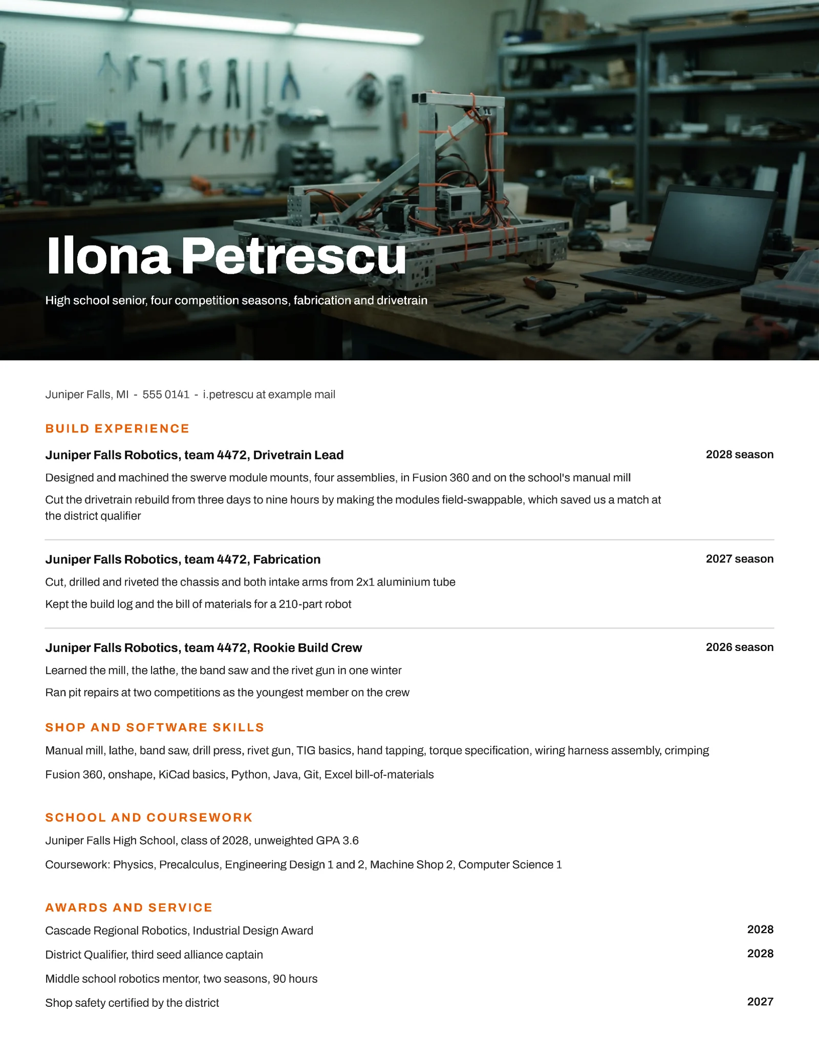 Robotics Student Resume — Letter Resume template
