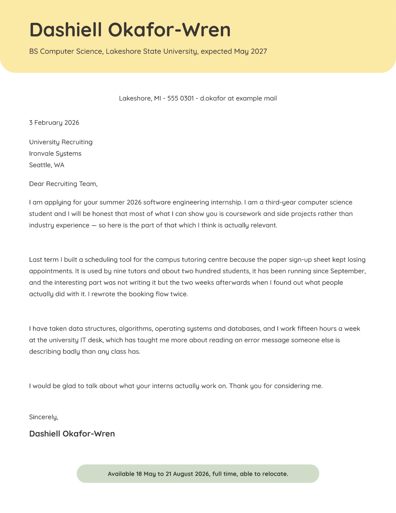 Internship Cover Letter — Letter Cover letter template
