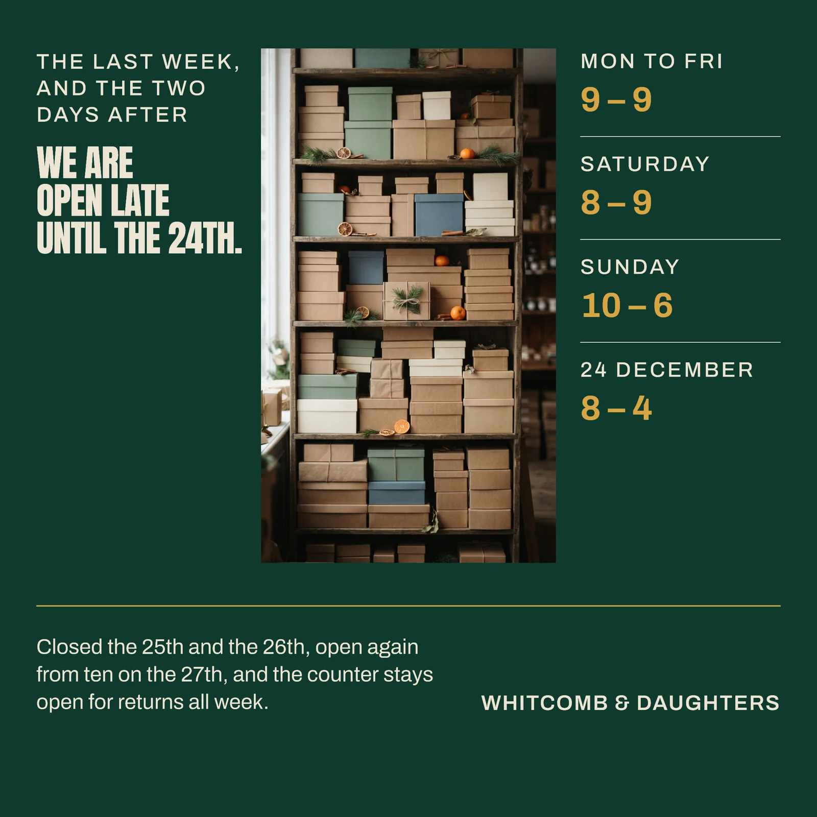Bottle Green Centre Photo Columns Department Store Christmas Opening Hours Facebook Ad — 1:1 Facebook ad template
