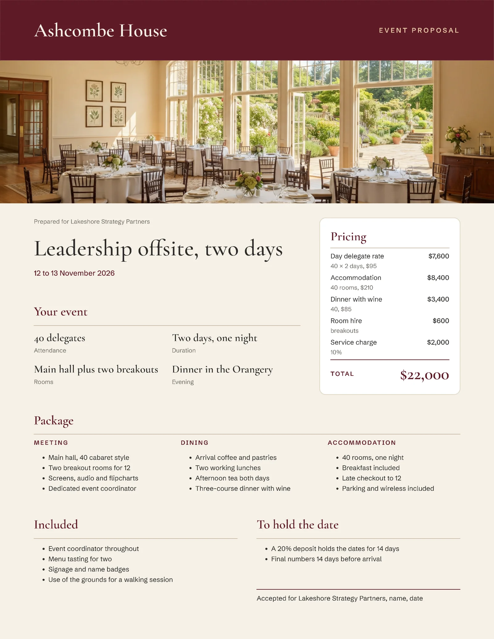 One-Page Hotel Conference Package Proposal — 2-page Proposal template, page 2 of 2
