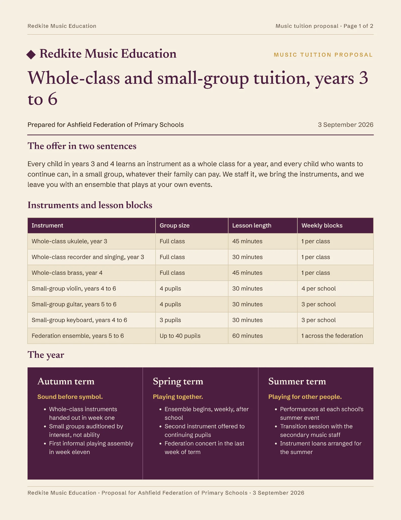 Plum Cream Lesson Blocks School Music Tuition Proposal — 2-page Proposal template, page 1 of 2