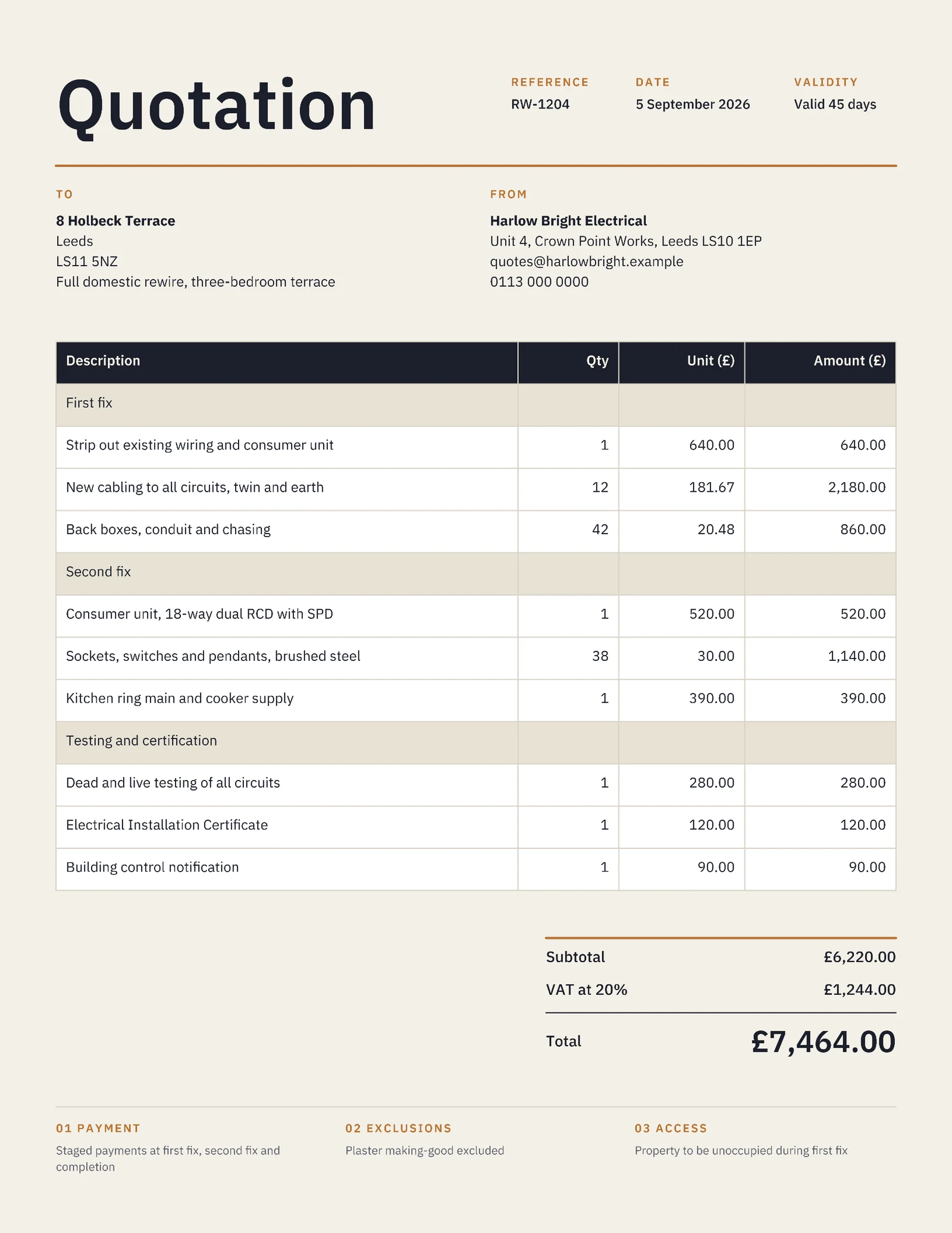 Three Bedroom Rewire Quote — 2-page Quote template, page 1 of 2