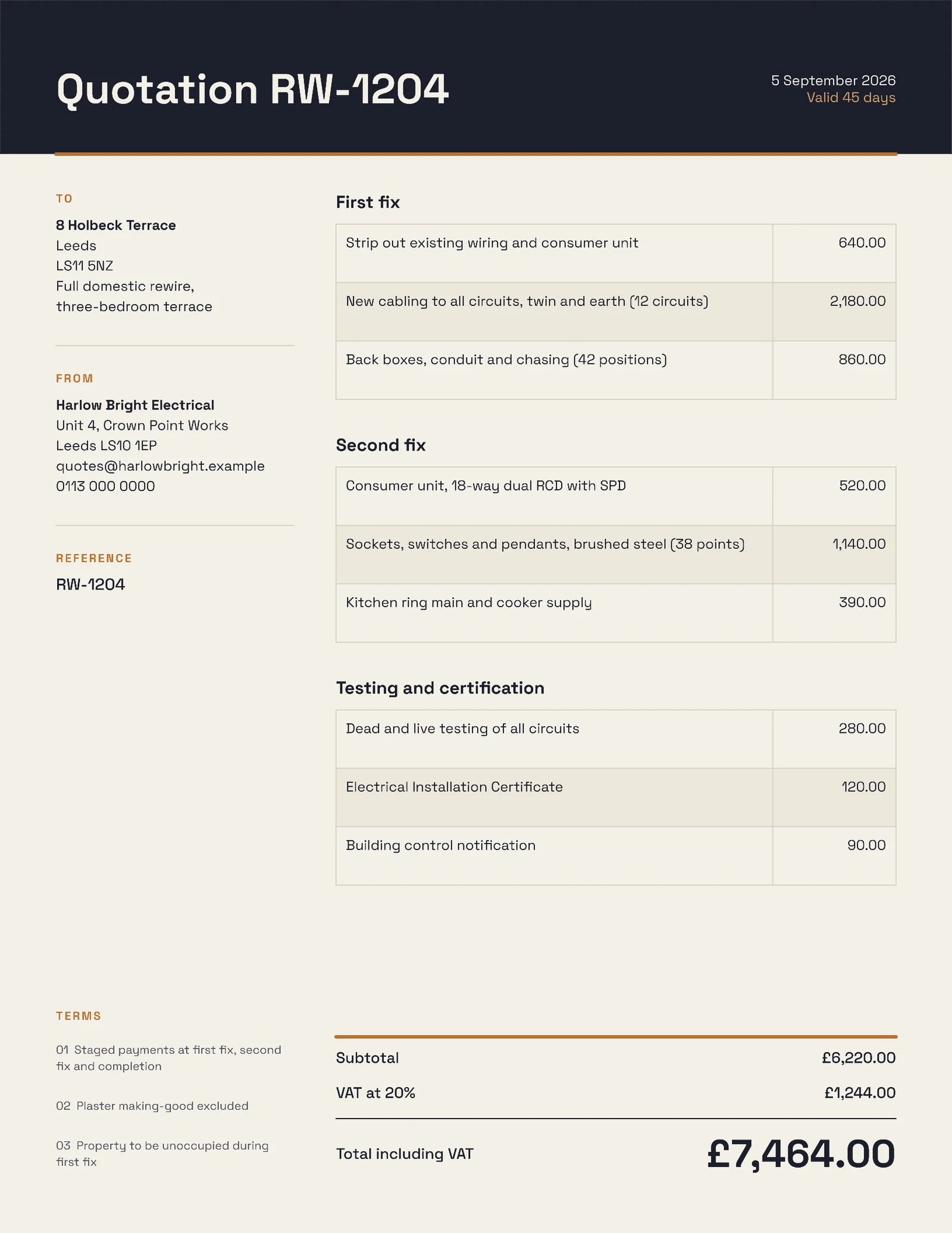 Three Bedroom Rewire Quote — 2-page Quote template, page 2 of 2