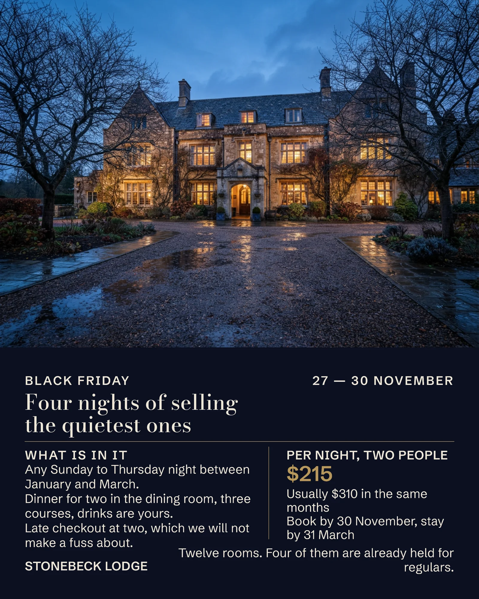 Midnight Photo Over Panel Country Hotel Black Friday Instagram Ad — 4:5 Instagram ad template