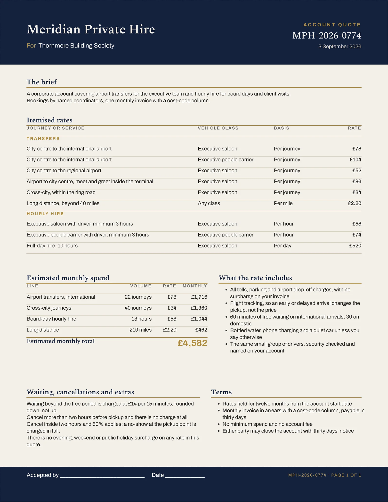 Midnight Gold Transfer Rates Executive Chauffeur Quote — 2-page Quote template, page 1 of 2