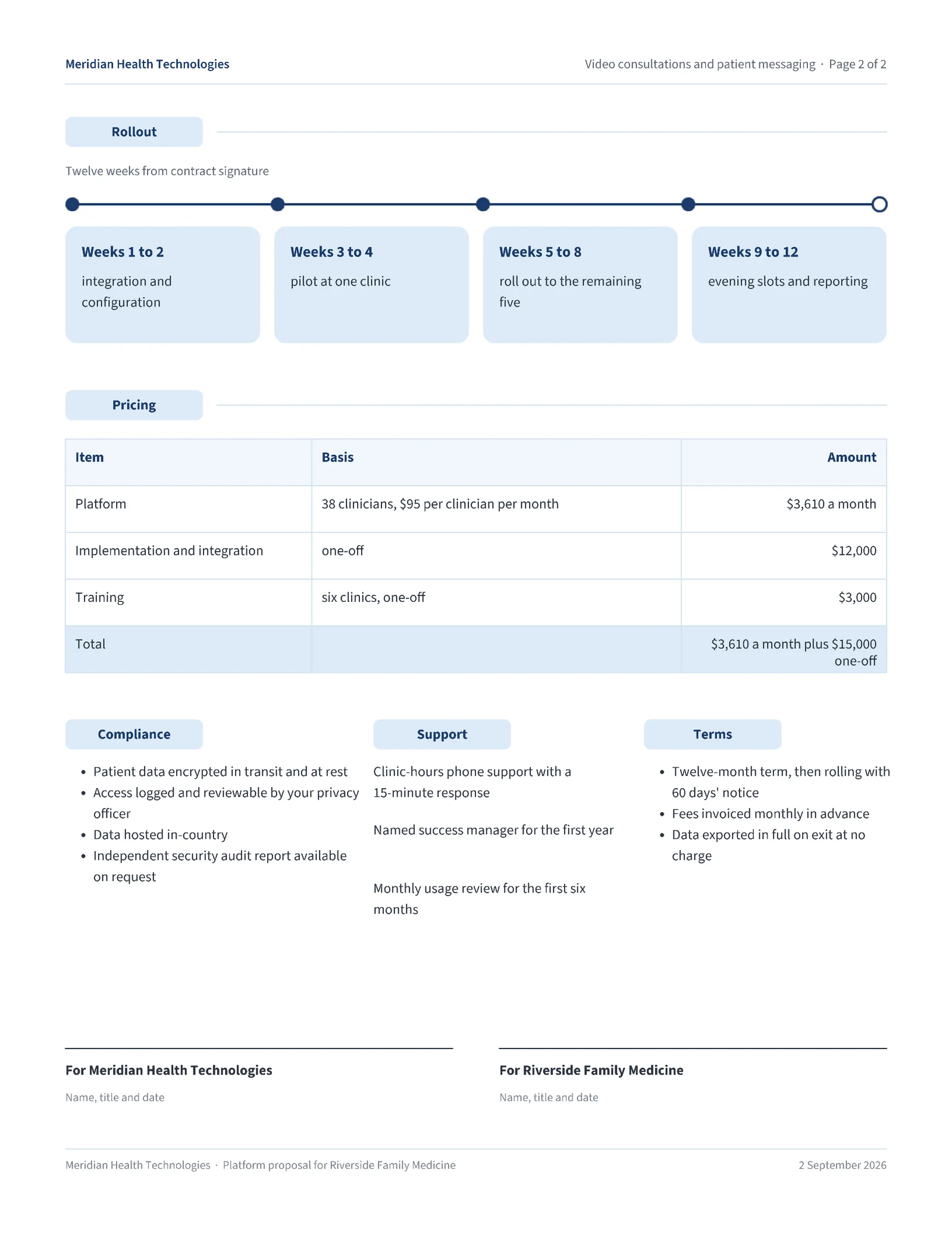 Calm Health Telehealth Platform Proposal — 2-page Proposal template, page 2 of 2