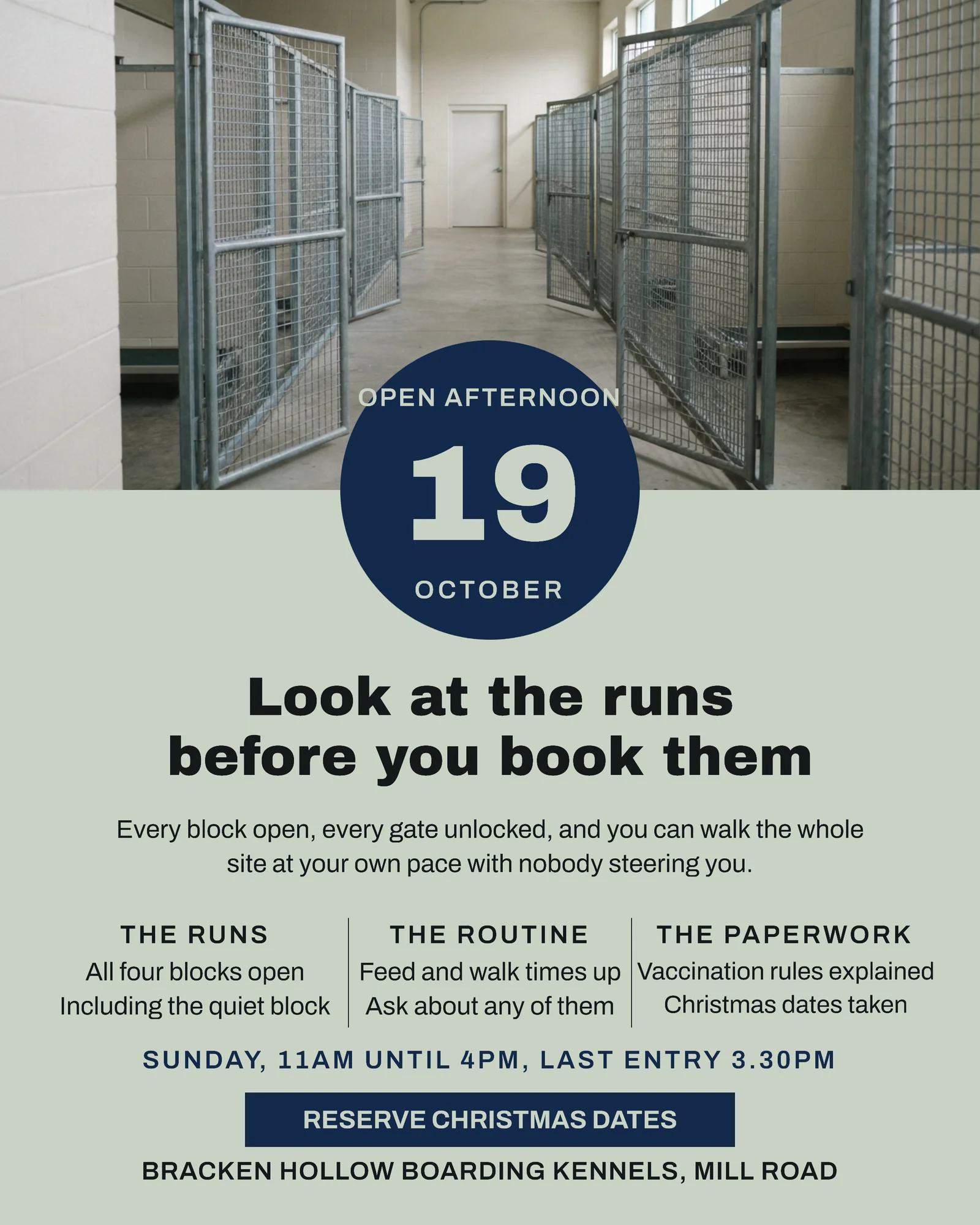 Sage Navy Date Seal Boarding Kennels Open Afternoon Facebook Ad — 4:5 Facebook ad template