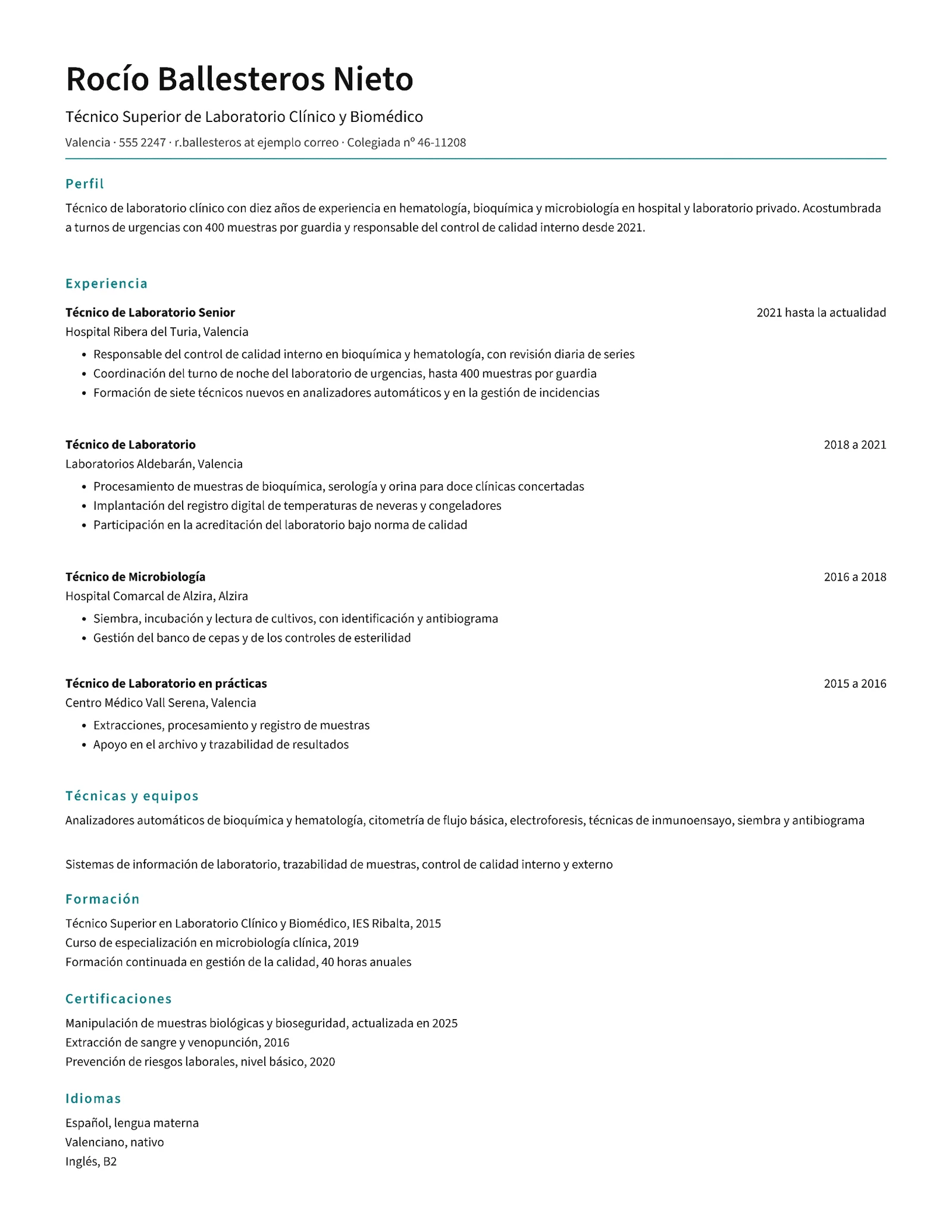 Teal Simple Clinical Laboratory Technician Resume Spanish — Letter Resume template