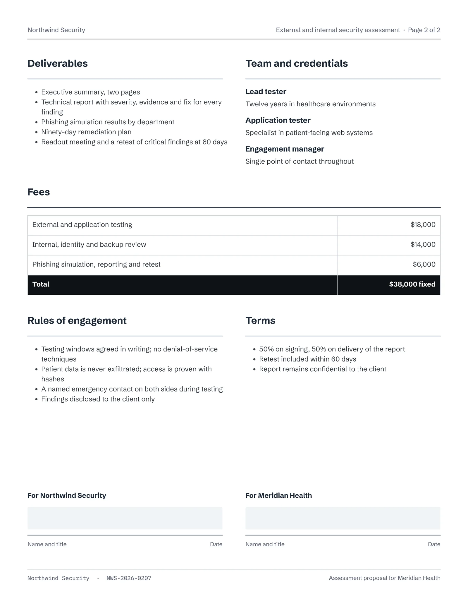 Dark Header Security Assessment Proposal — 2-page Proposal template, page 2 of 2