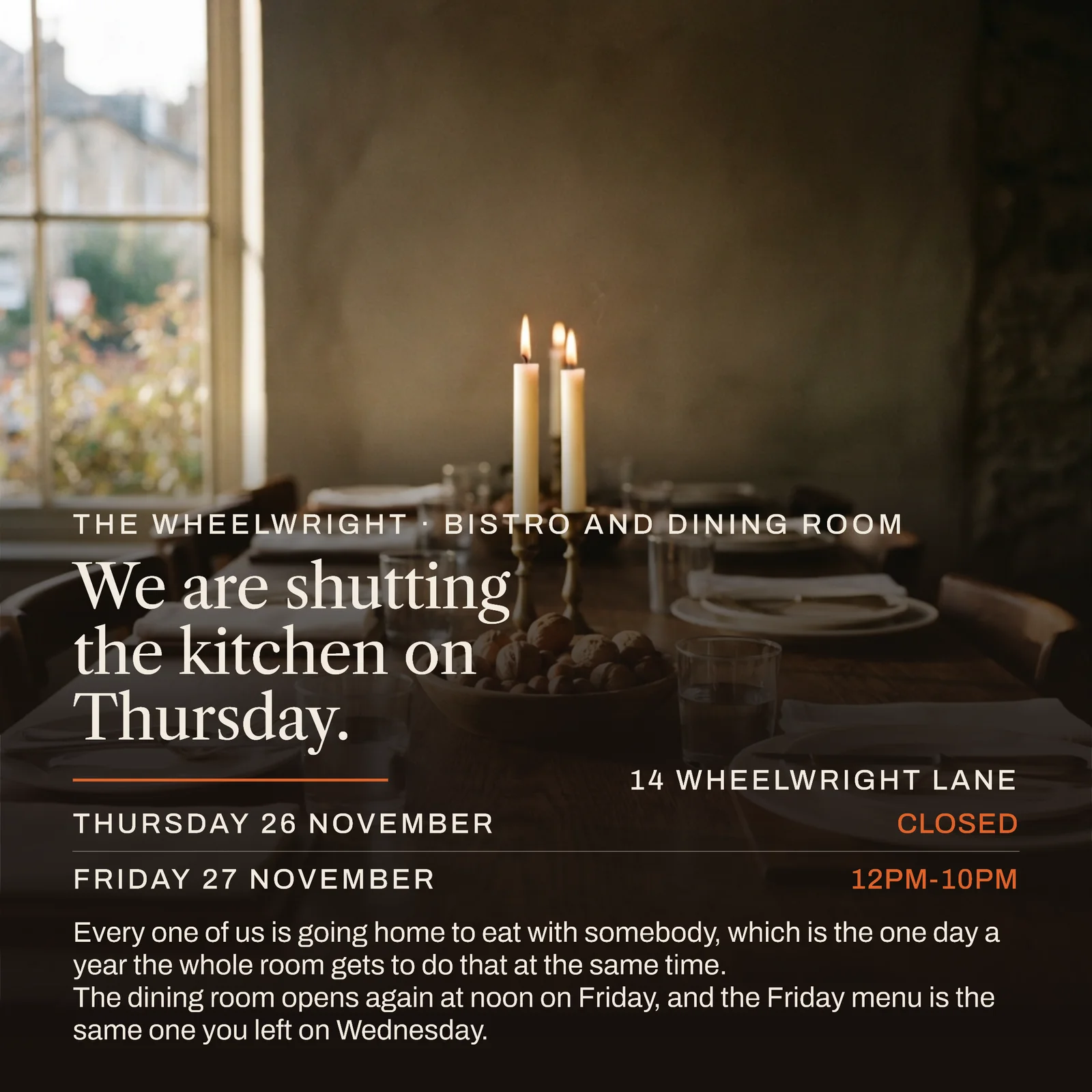 Ember Full Bleed Notice Bistro Thanksgiving Hours Facebook Post — 1:1 Facebook post template