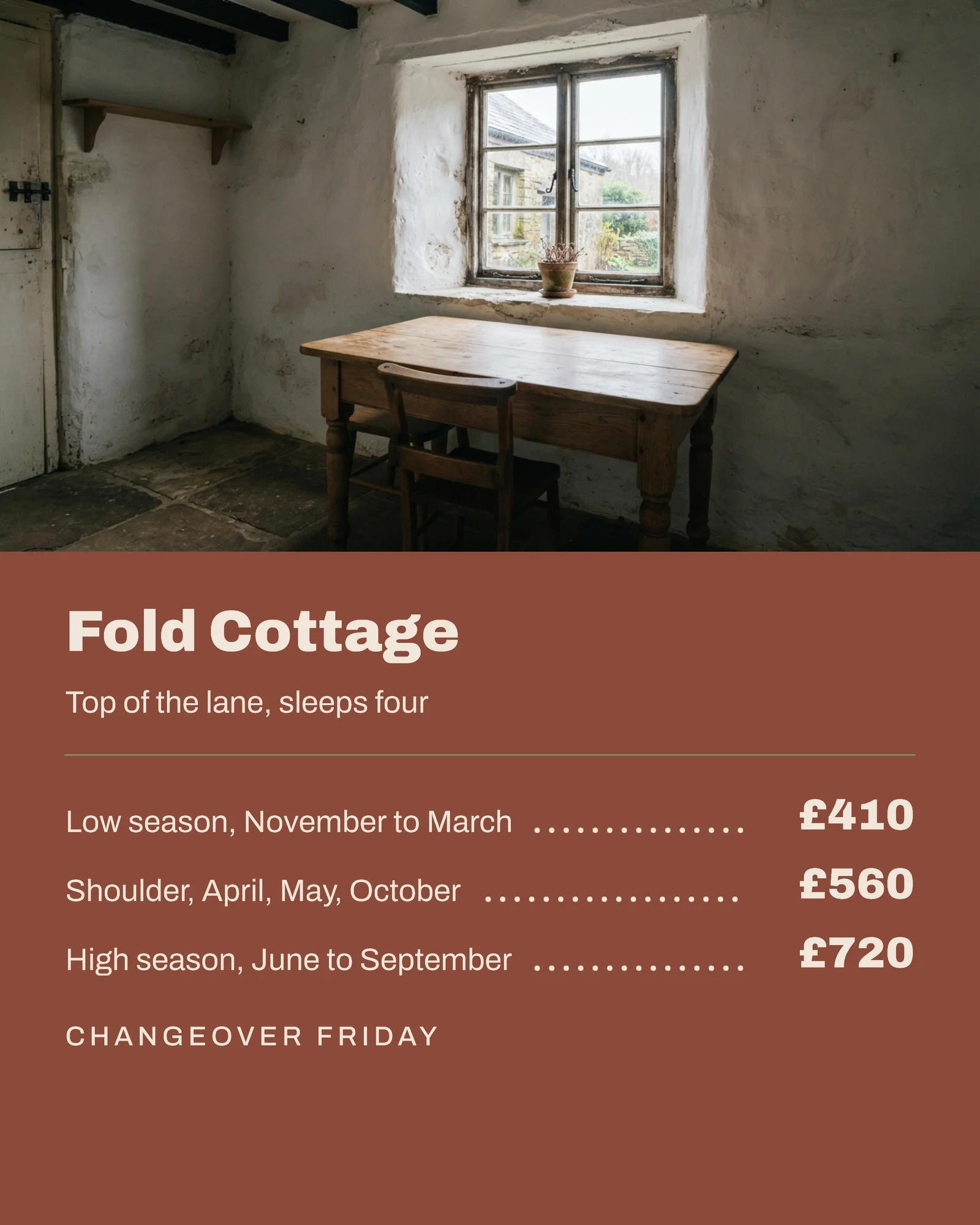 Self-Catering Cottage Seasonal Rates Instagram Carousel — 4-panel Instagram carousel carousel template, page 2 of 4