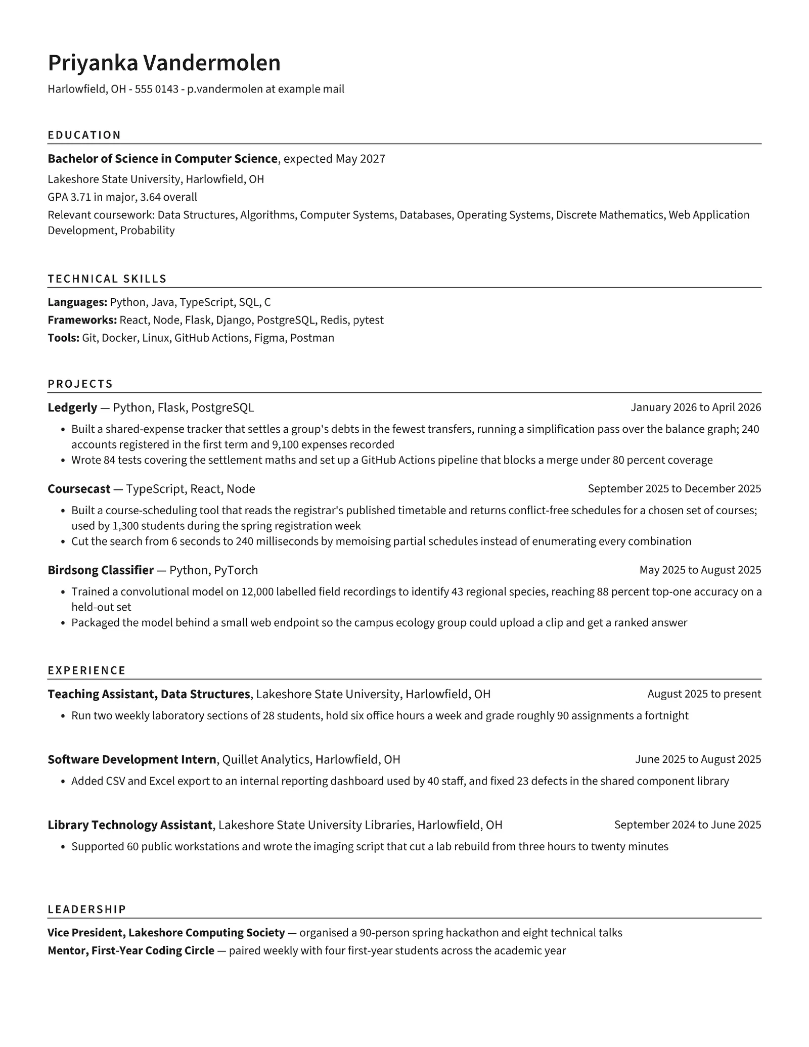 Computer Science Internship Resume — Letter Resume template