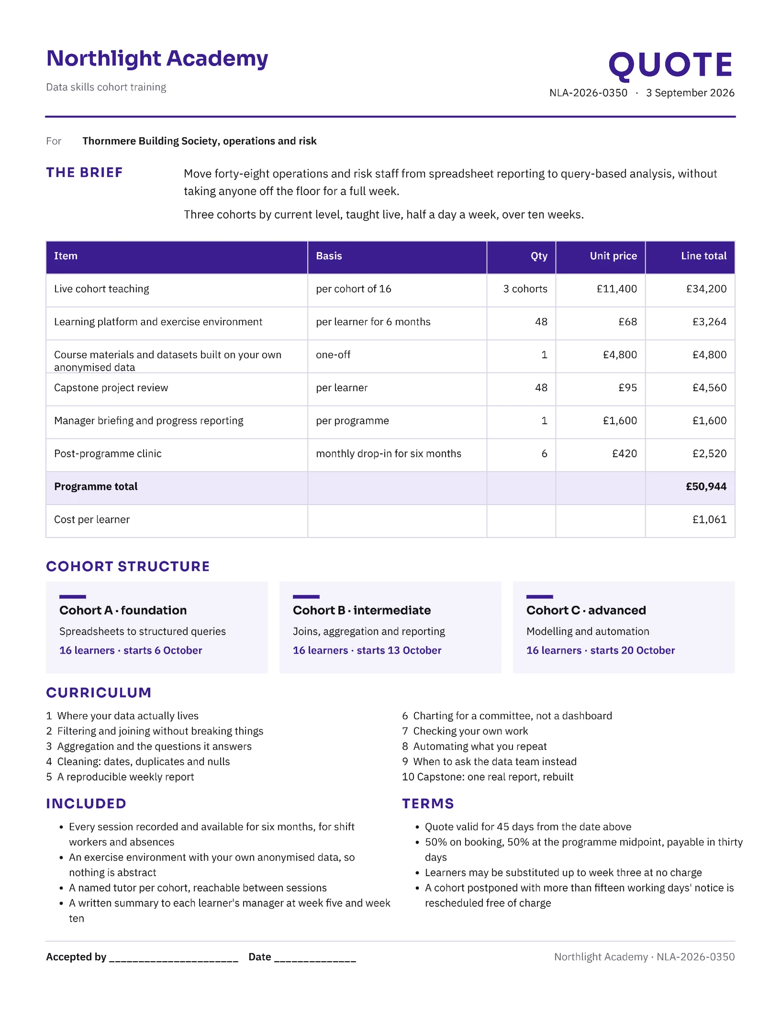 Violet Ink Cohort Table Data Skills Upskilling Quote — 2-page Quote template, page 1 of 2