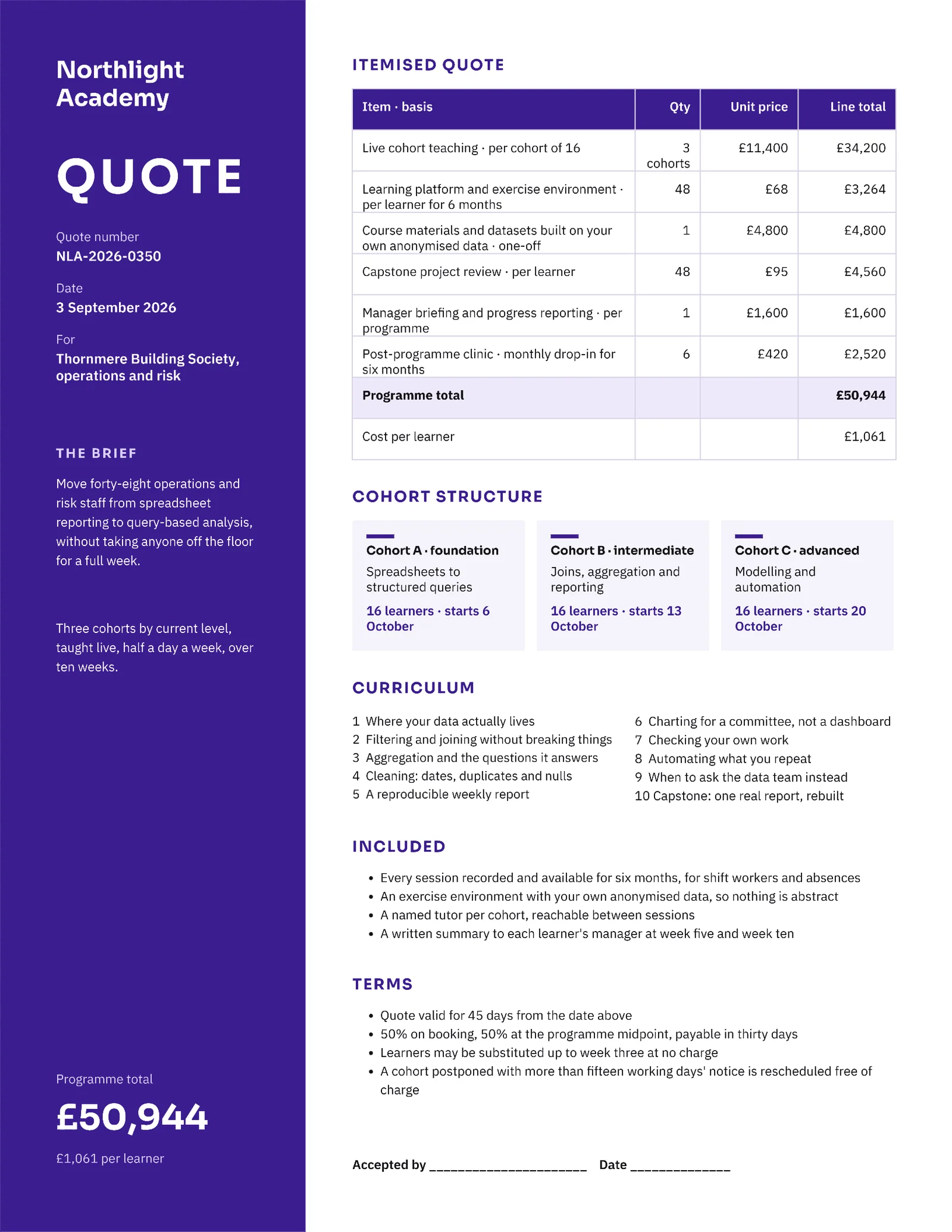 Violet Ink Cohort Table Data Skills Upskilling Quote — 2-page Quote template, page 2 of 2