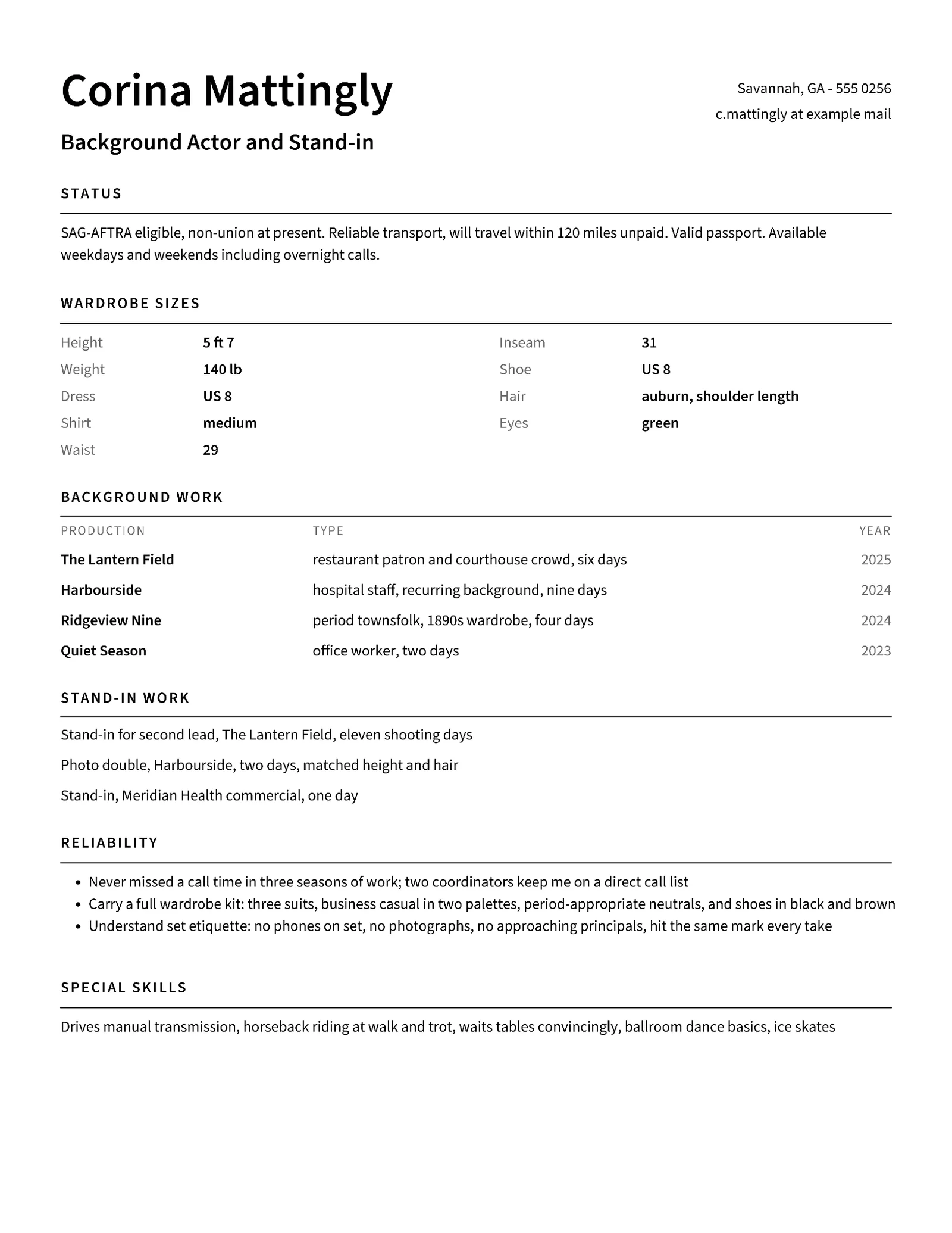 Background Actor Resume — Letter Resume template