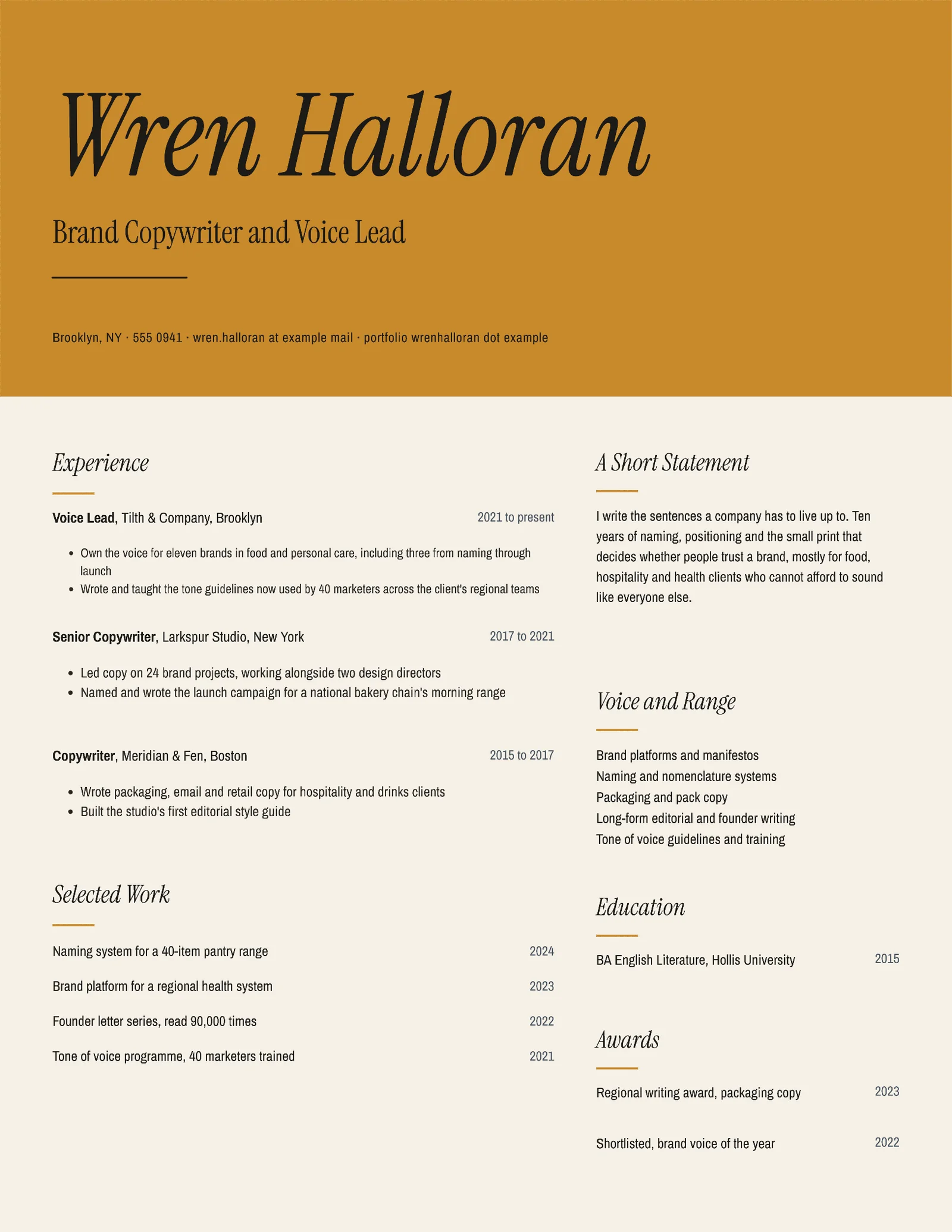 Ochre Creative Brand Copywriter Resume — Letter Resume template
