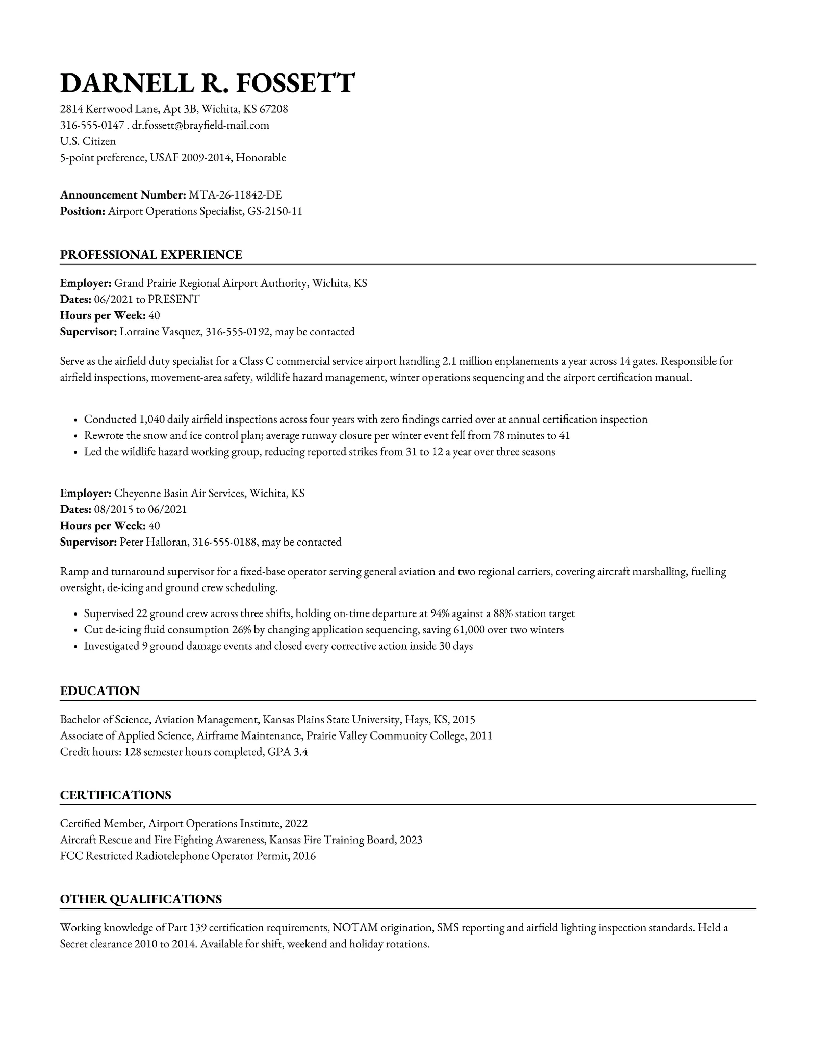 Airport Operations Specialist Federal Resume — Letter Resume template