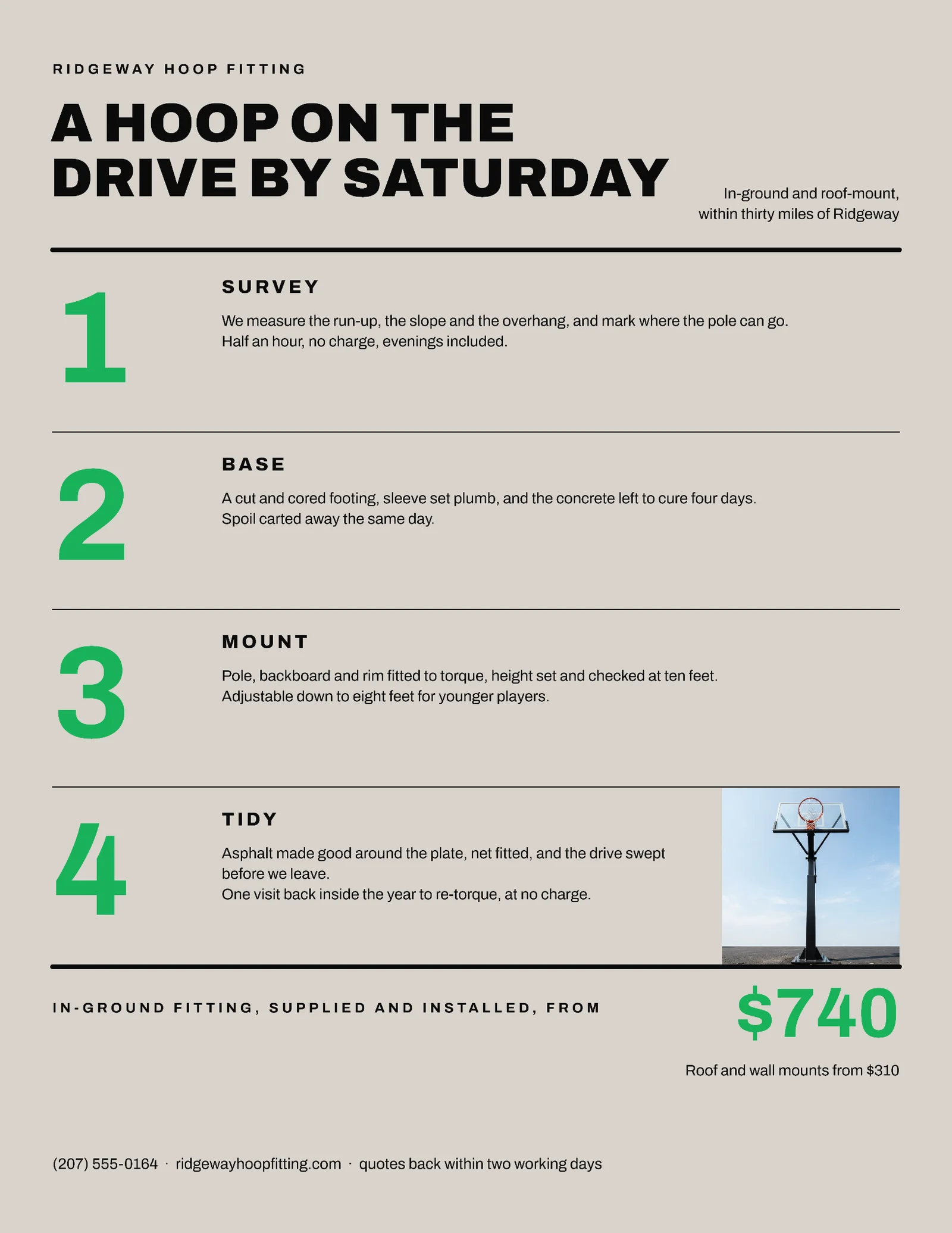 Warm Grey Signal Green Numeral Step Panels Driveway Hoop Fitting Flyer — Letter Flyer template