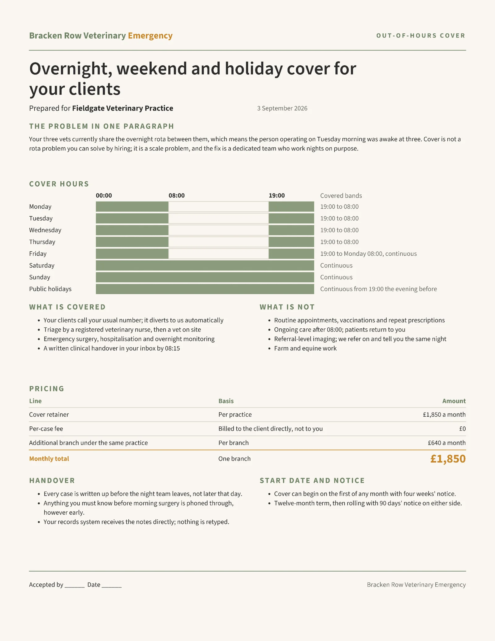 Sage Amber Cover Rota Veterinary Out Of Hours Proposal — 2-page Proposal template, page 1 of 2