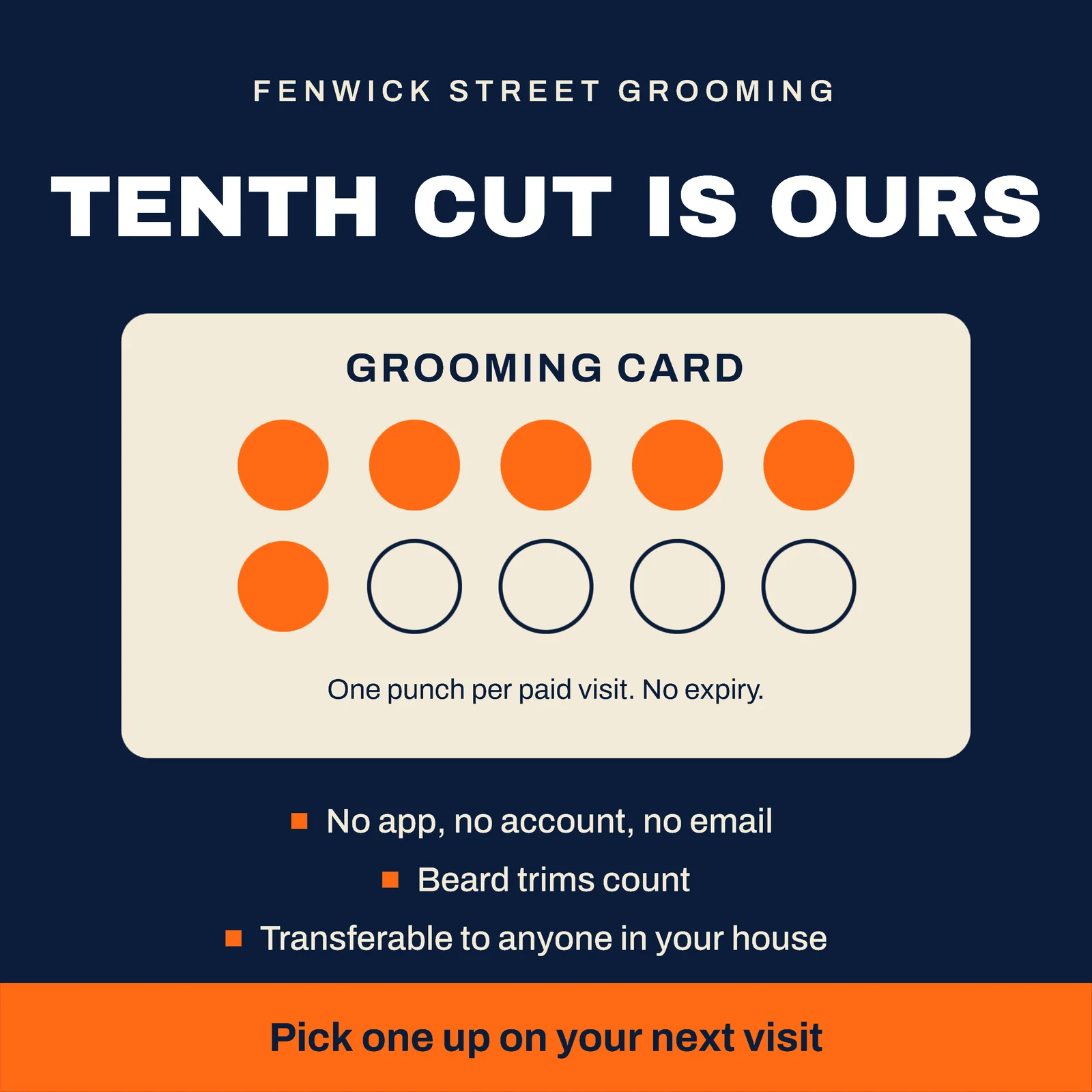 Navy Punch Card Grooming Membership Facebook Ad — 1:1 Facebook ad template