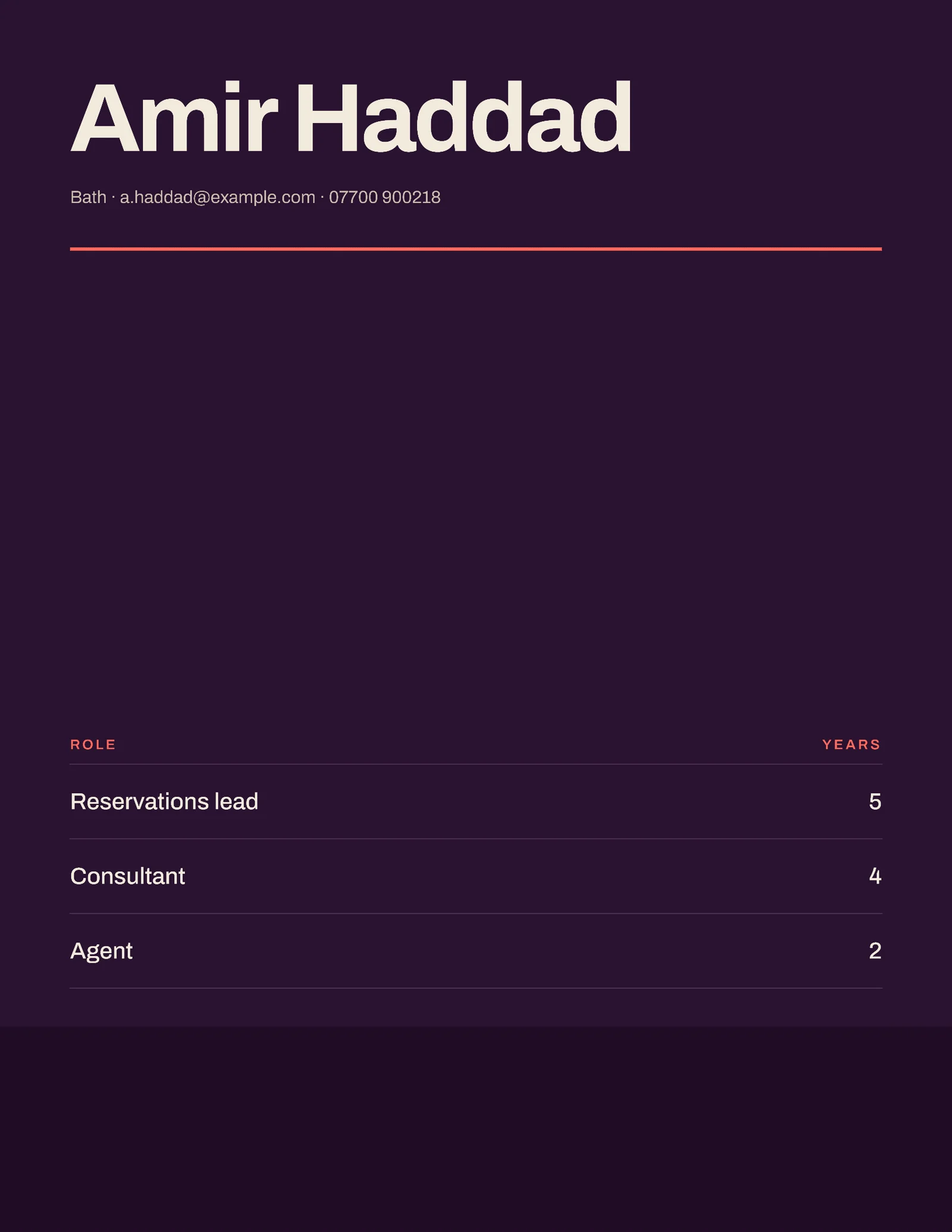 Reservations Lead Resume — 2-page Resume template, page 1 of 2