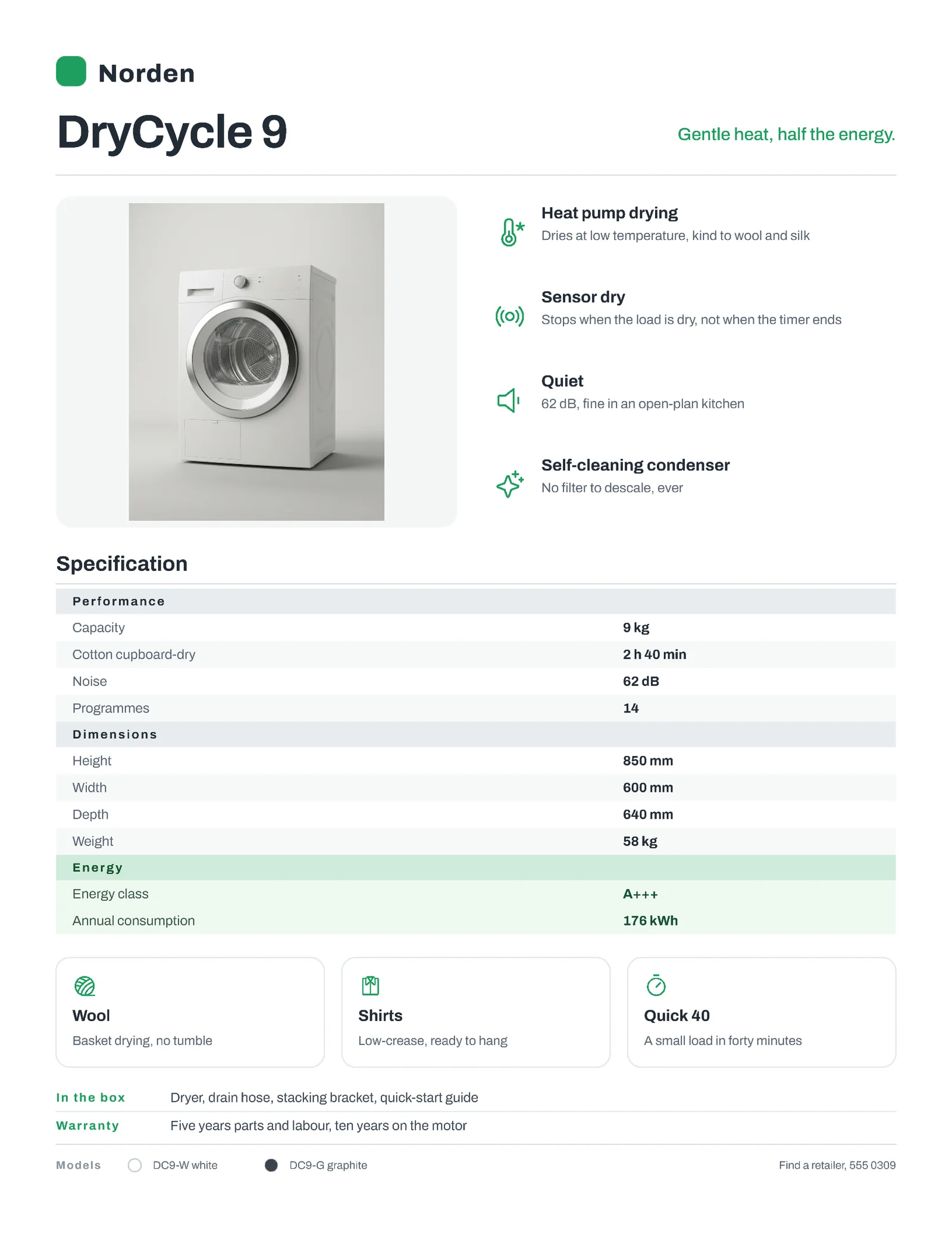 Consumer Spec Heat Pump Dryer Datasheet — 2-page One pager template, page 1 of 2